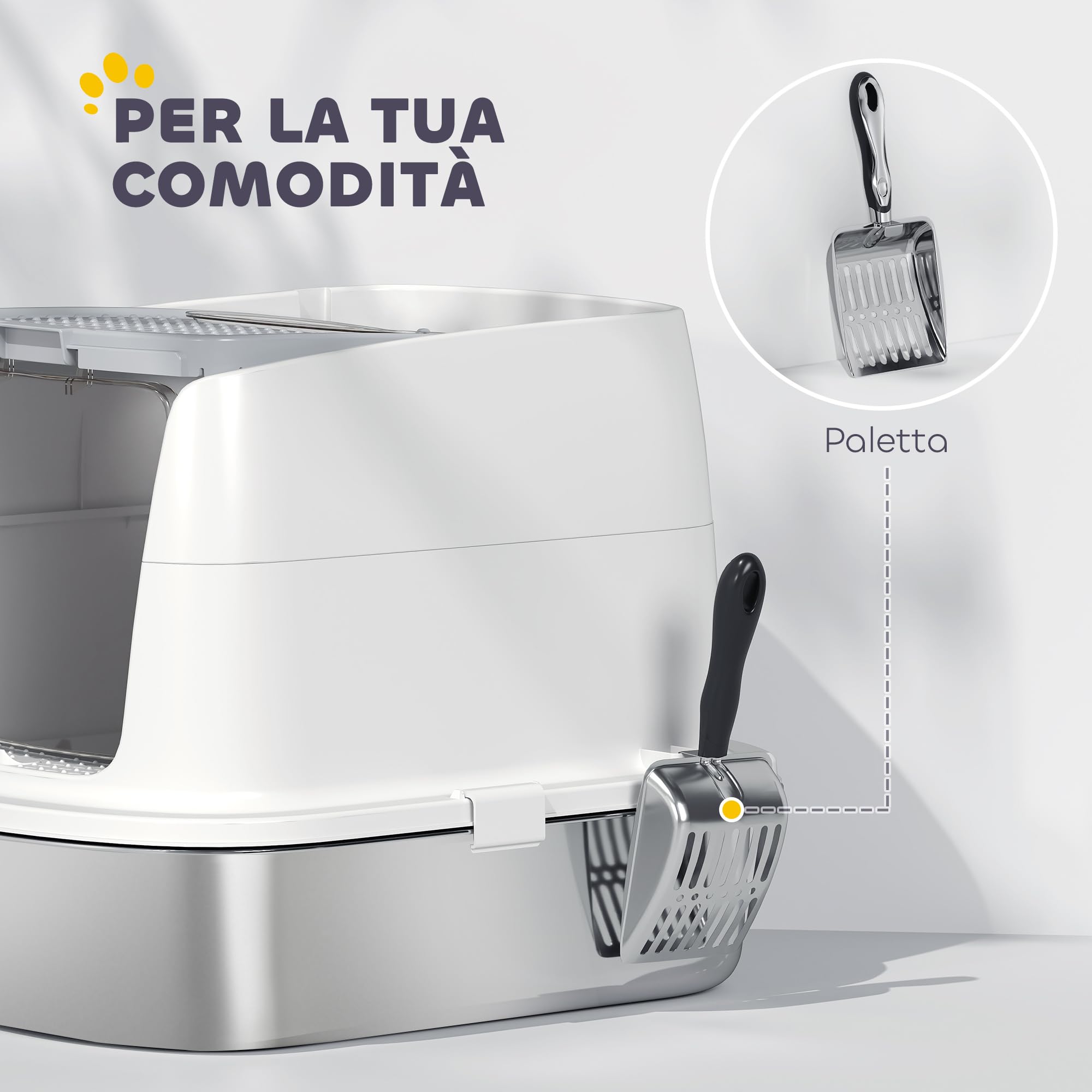 PawHut Lettiera per Gatti Chiusa a 2 Ingressi con Deodorante e Paletta, Lettiera per Gattini in Acciaio Inox, ABS e PP, 52.4x41.3x39.8 cm, Bianco