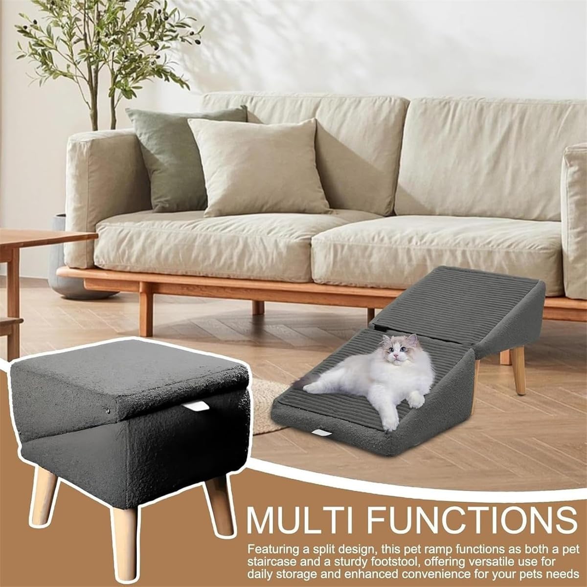 2-in-1 Faltbare Hunderampe Mit Ottoman - Rutschfeste Treppe Für Kleine & Mittlere Hunde