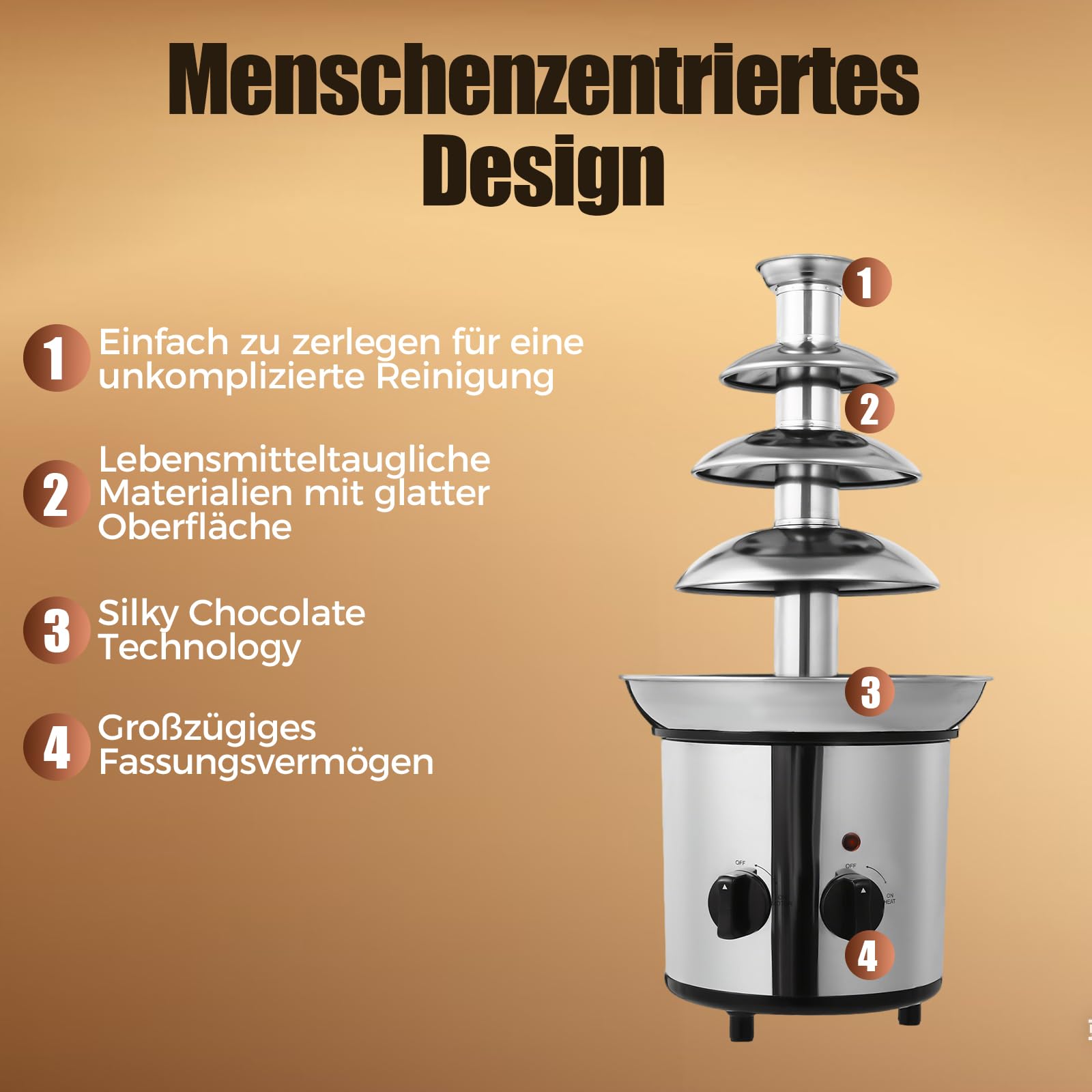 4-Etagen Schokobrunnen mit Schmelzfunktion, 170W Elektrisch Schokoladenbrunnen Schokoladenfondue Maschine, 1.8L/60.86oz Kapazität Edelstahl Schokoladen Brunnen für Familie Party Geburtstag Hochzeitd