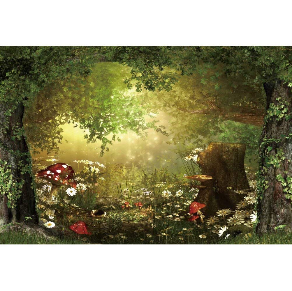 Fairy Tale Forest Wonderland Backdrops for Photography Vinyl 10x8ft Green Trees Wildflowers Daisy Mushroom Scenery Photo Background Portrait Kid Boy