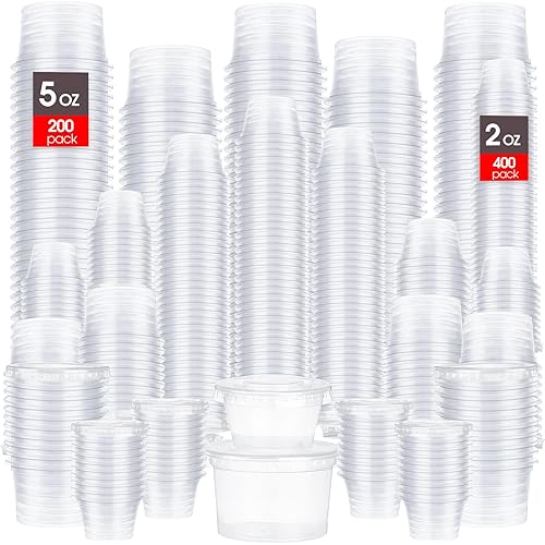 Lallisa 600 tazas de plástico para porciones con tapas a granel, incluye 200 tazas de soufflé de 5 onzas y 400 tazas de condimentos de 2 onzas, mini