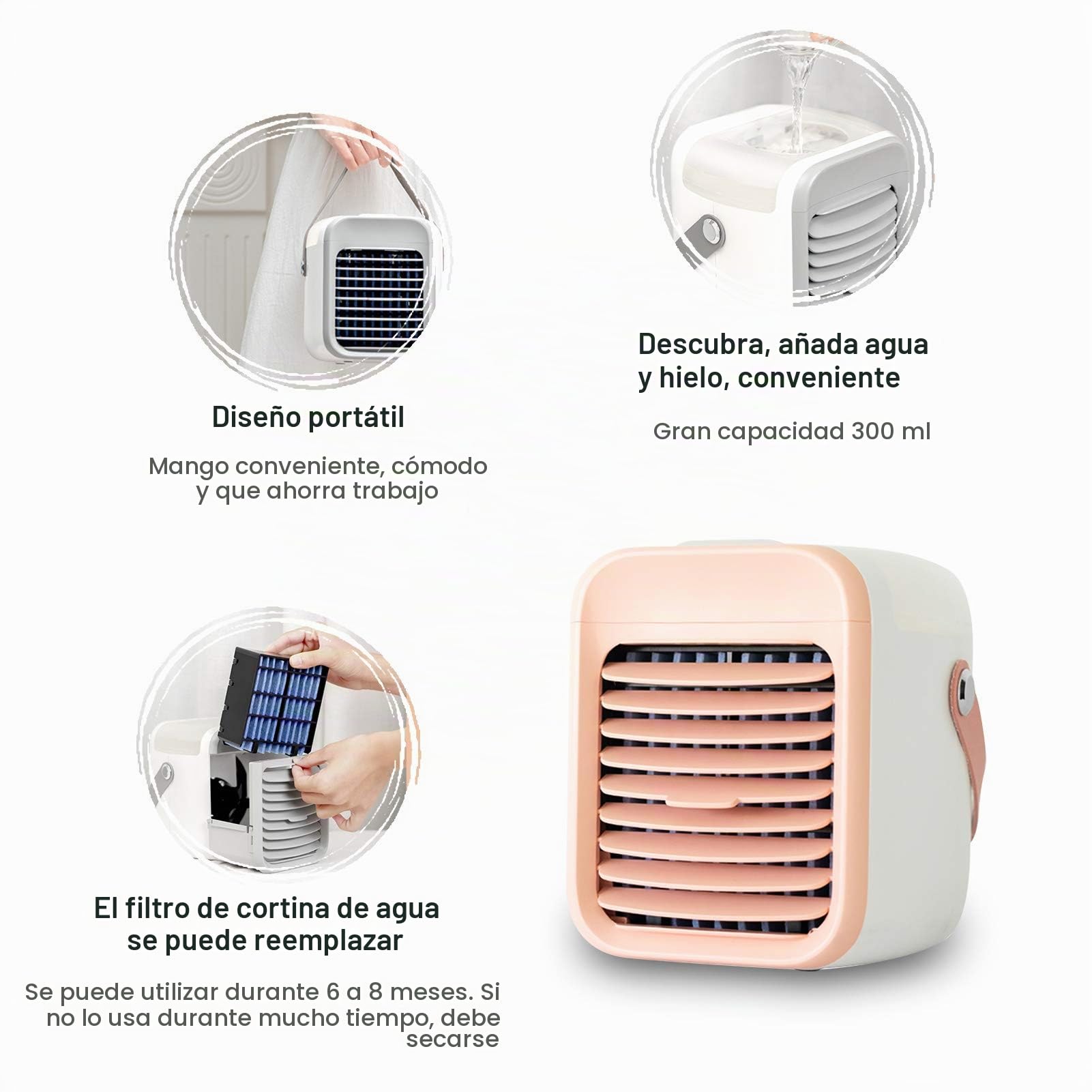 Mini Enfriador de Aire, Ventilador acondicionador portátil con función de filtración humidificador de refrigeración, 3 velocidades, luz nocturna, respetuoso con el medio ambiente, verano