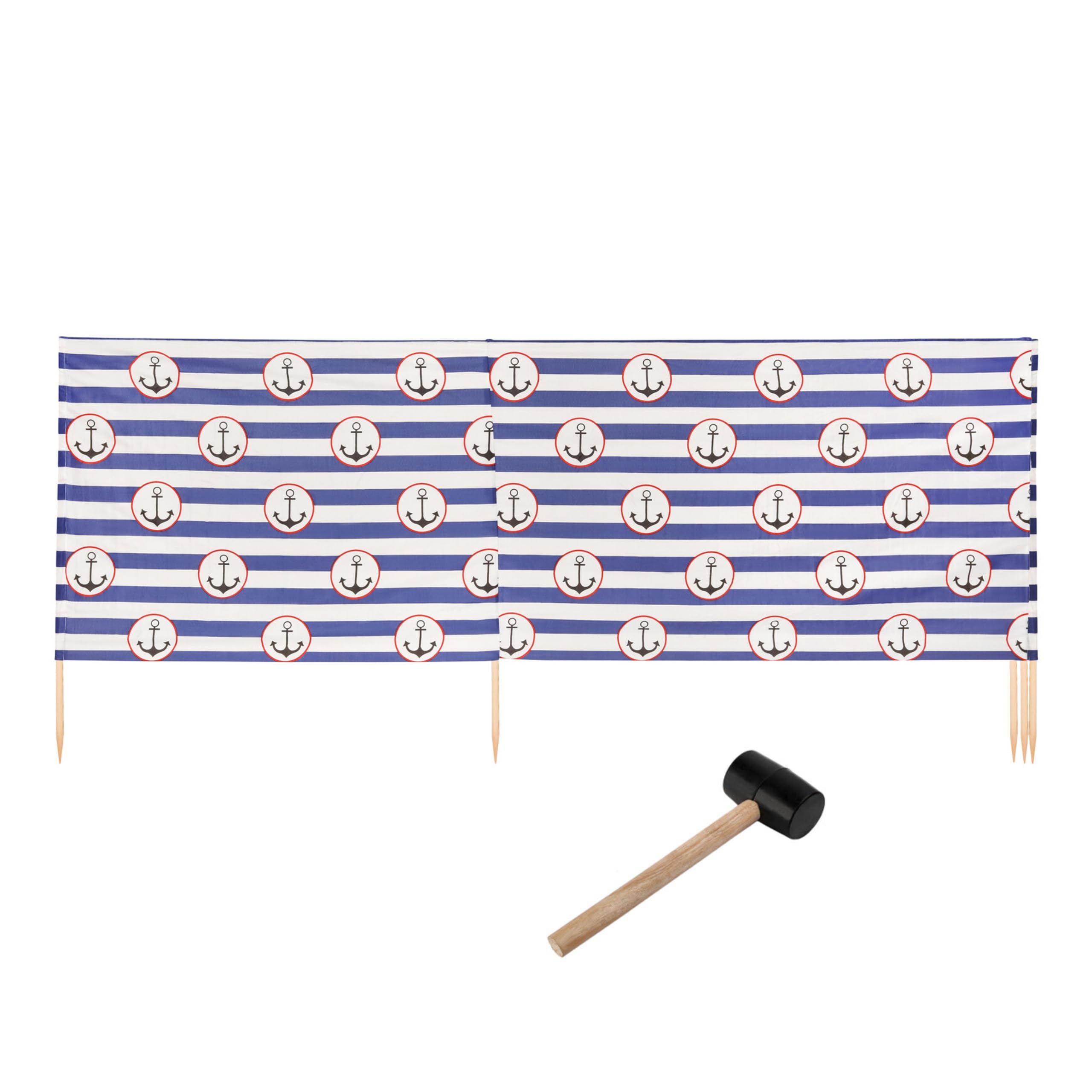 Ladeheid Windschutz Strand Strandzubehör Sichtschutz Holzstäbe LAEX001 | Mit Gummihammer, Strand Sichtschutz für Camping, Windfang im Sand, maritimes Muster, praktisches Strandzubehör mit Holzstäben