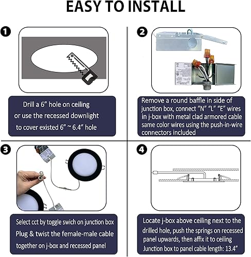 Miniatura 7 de Iluminación LED empotrable sin lata de 4 pulgadas, 5 CCT, ajustable, regulable, con caja de conexiones, luz de techo con caja de conexiones, 9 W,
