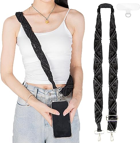 Cordón de macramé bohemio para teléfono, correa ajustable para el cuello, tarjeta de identificación para teléfono celular, cordón para teléfono