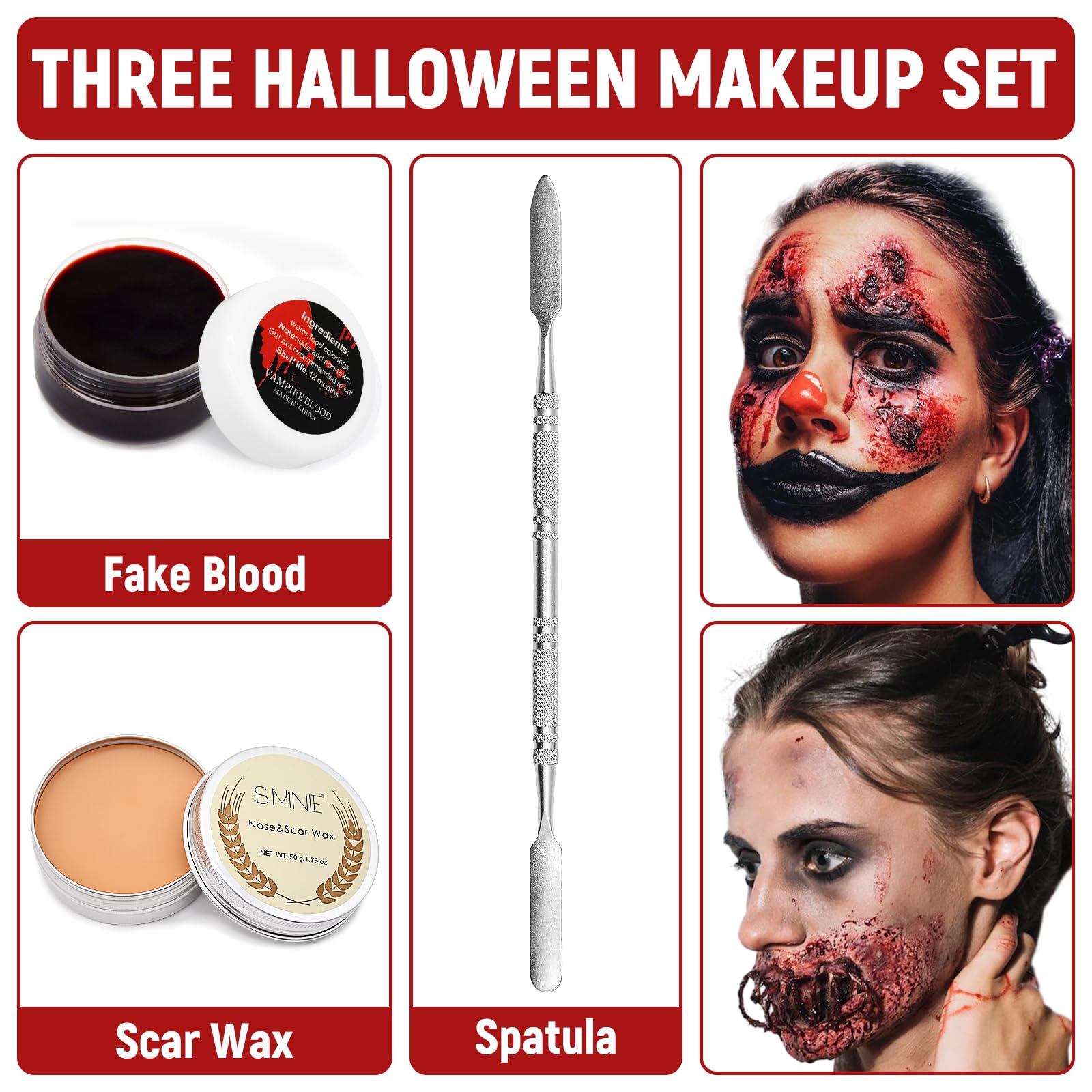 3 Piece Scar Wax SFX Makeup Kit with Fake Blood Gel, Skin Wax, Spatula Tool - Image 3