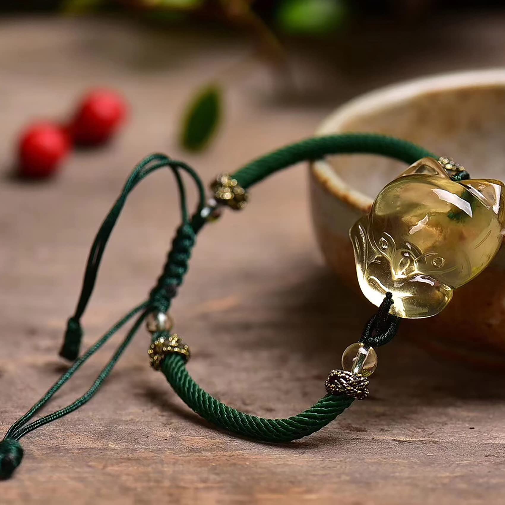 Pulsera Feng Shui Pulsera de prosperidad Pulsera de piedras preciosas naturales Pulsera de cristal amarillo Pulsera de amuleto de la suerte de zorro for mujeres Hombres Pulsera de hilo rojo Reiki Chak