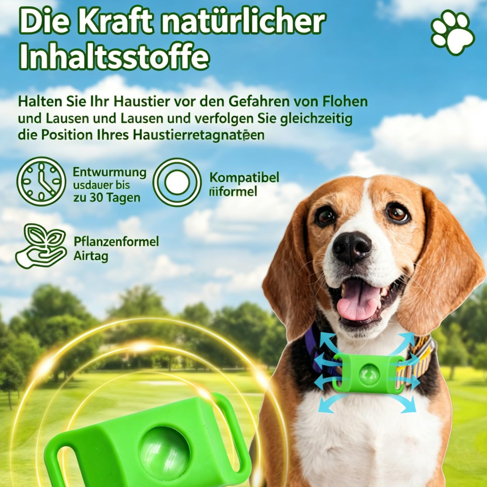 Fallschutz Gegen Zecken,Natürliches Floh und Zeckenhalsband für Hunde,Verstellbarer Parasitenschutz Anhänger mit ätherischen Ölen,2 austauschbaren Kapseln,hautschonend ohne Hautkontakt