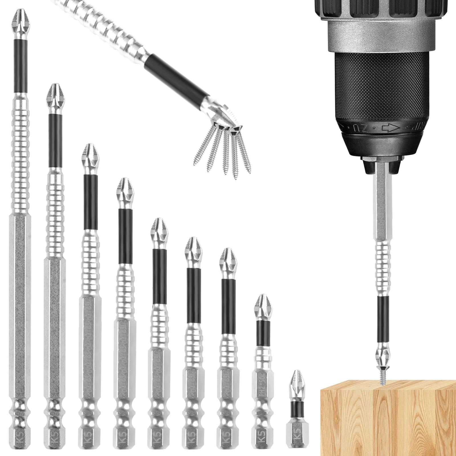 9 Piezas Brocas de Destornillador Magnético,Juego Magnética,Brocas Magnética,25-150mm High Magnetic Screwdriver Drill Bit Set,Juego Phillips Antideslizantes,para Taladros Eléctricos