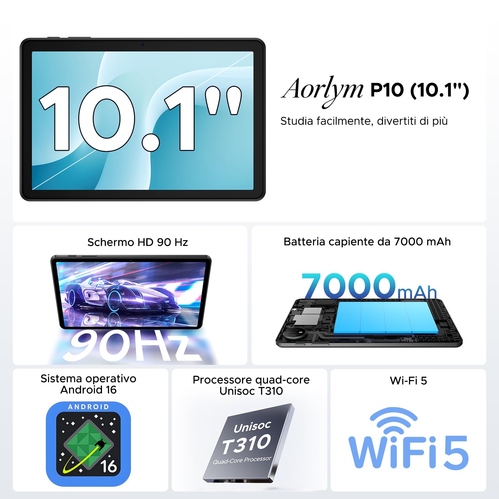P10 Android 16 Tablet 10 Pollici, 48GB RAM+128GB ROM/2TB TF, Gemini AI, 90Hz, 7000mAh, WiFi 5, Face ID, OTG, Jack 3,5 mm, Widevine L1, Tablet con Tastiera e Penna, Nero