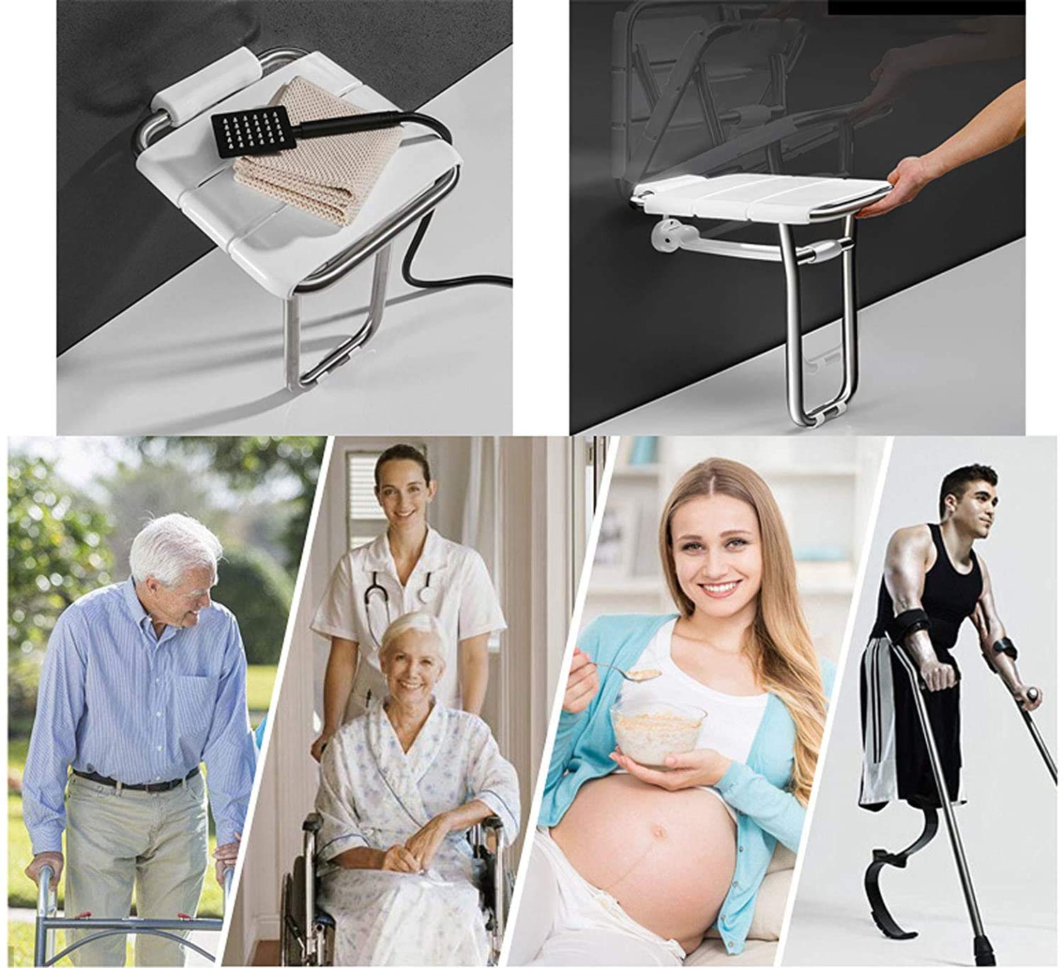 Asiento de Ducha de Pared, Asiento de Ducha Abatible, Asiento de Ducha para Ancianos, Mujeres Embarazadas Y Discapacitados Pesa 200 Kg, Resistente Al Desgaste Y Antideslizante White