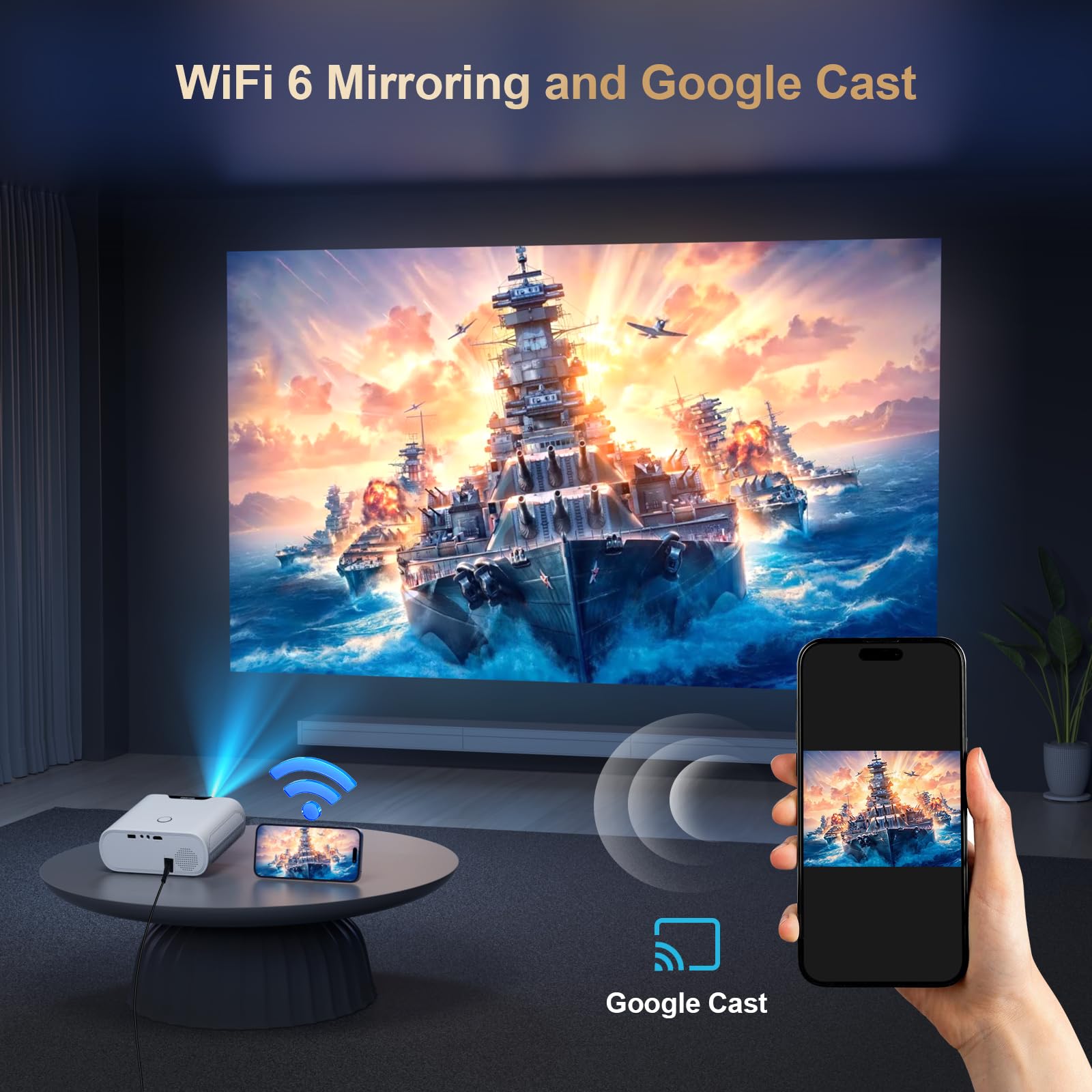 Proiettore 1500 ANSI con WiFi e Bluetooth, proiettore portatile Goiaey Smart compatibile con GoogIe TV, app ufficiali integrate, GoogIe Voice, DoIby Audio, HDMI ARC CEC Native 1080P Proiettore