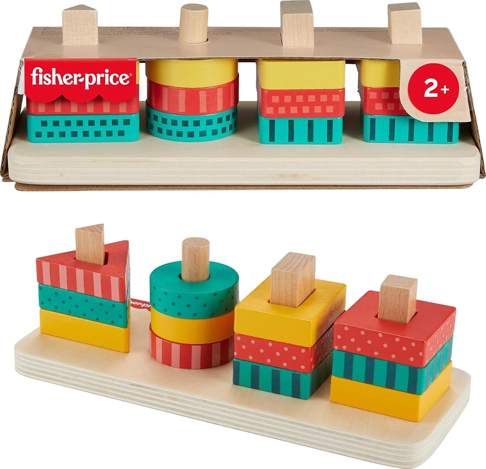 Fisher-Price Brinquedo para empilhar com círculos, triângulos e quadrados de madeira, 13 peças fabricadas com material certificado FSC, conjunto inspirado em Montessori + 2 anos (HXV05) The Forest Stewardship Council