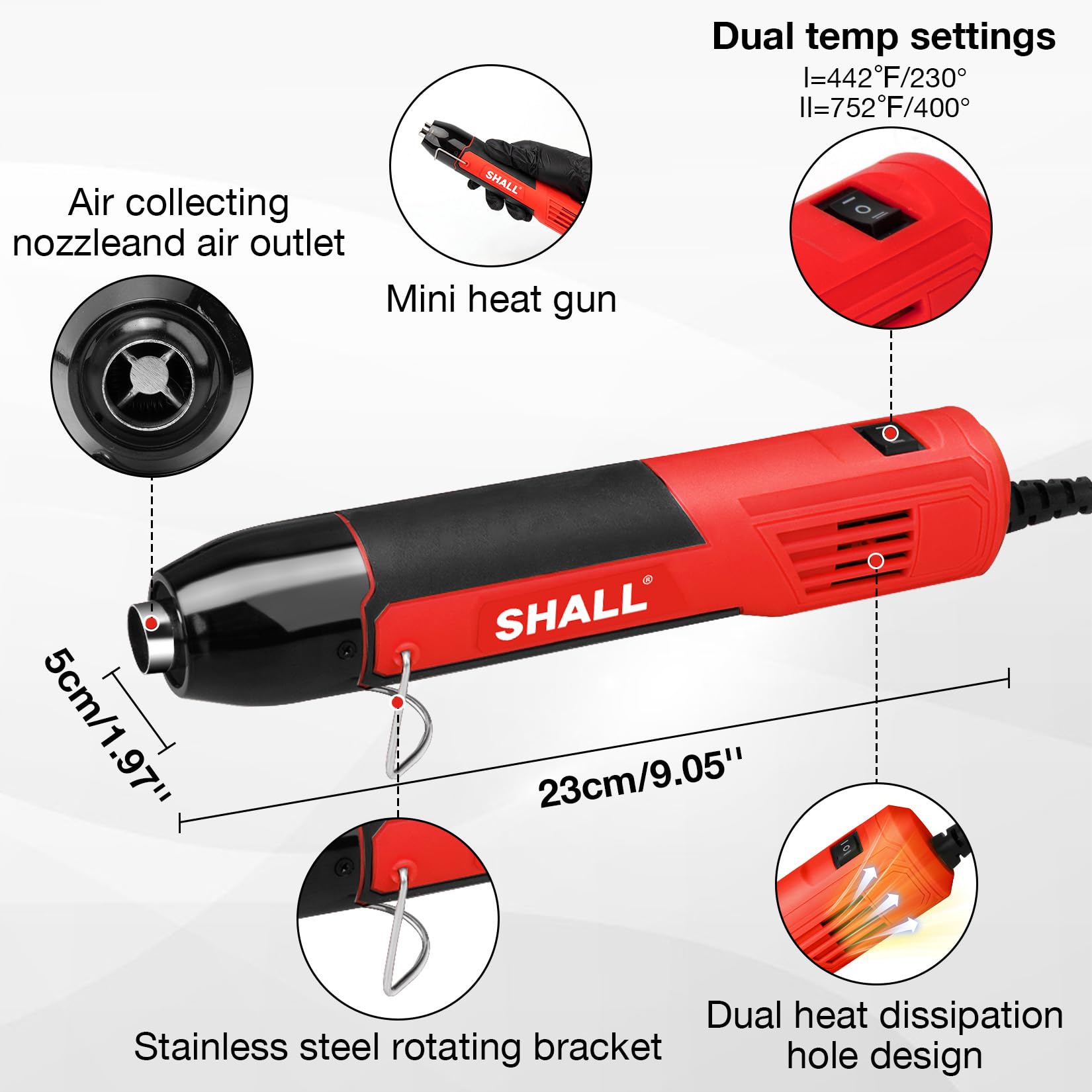 SHALL Mini pistolet thermique, pistolet à air chaud portable avec buse réflectrice et support pliable, 230 °C/400 °C, pour travaux manuels, film rétractable et séchage de l'encre