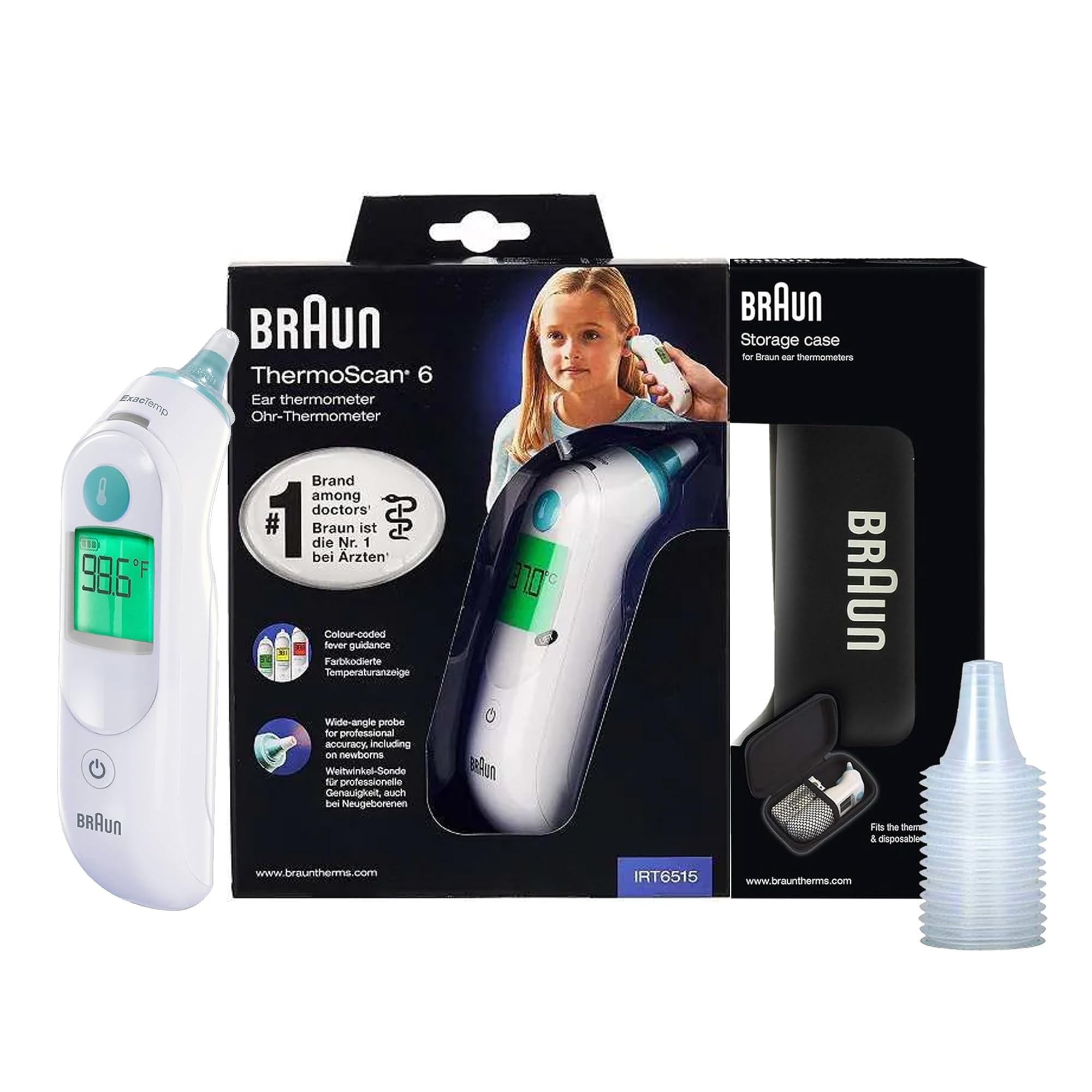 IRT 6515 Healthcare ThermoScan 6 Precision Professional Ear Thermometer Color Screen, Single, Night Lighting, All Family Members, Newborns, ExacTemp Technology with Free Case - White