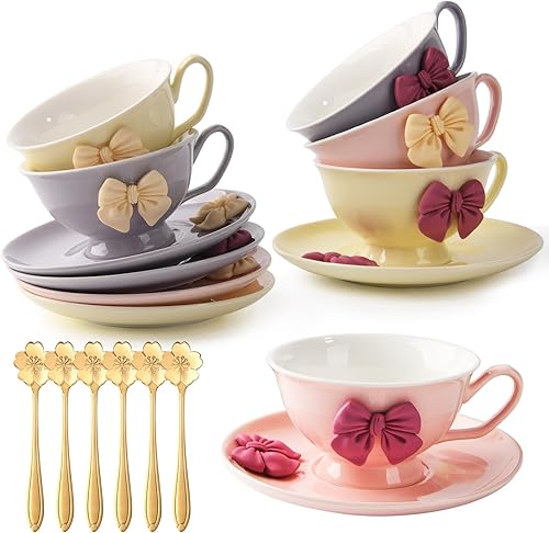 Juego de 6 tazas de té y platillos, juego de tazas de té, juego de taza de té y platillo, juegos de té para mujer, fiesta de té, juego de fiesta de