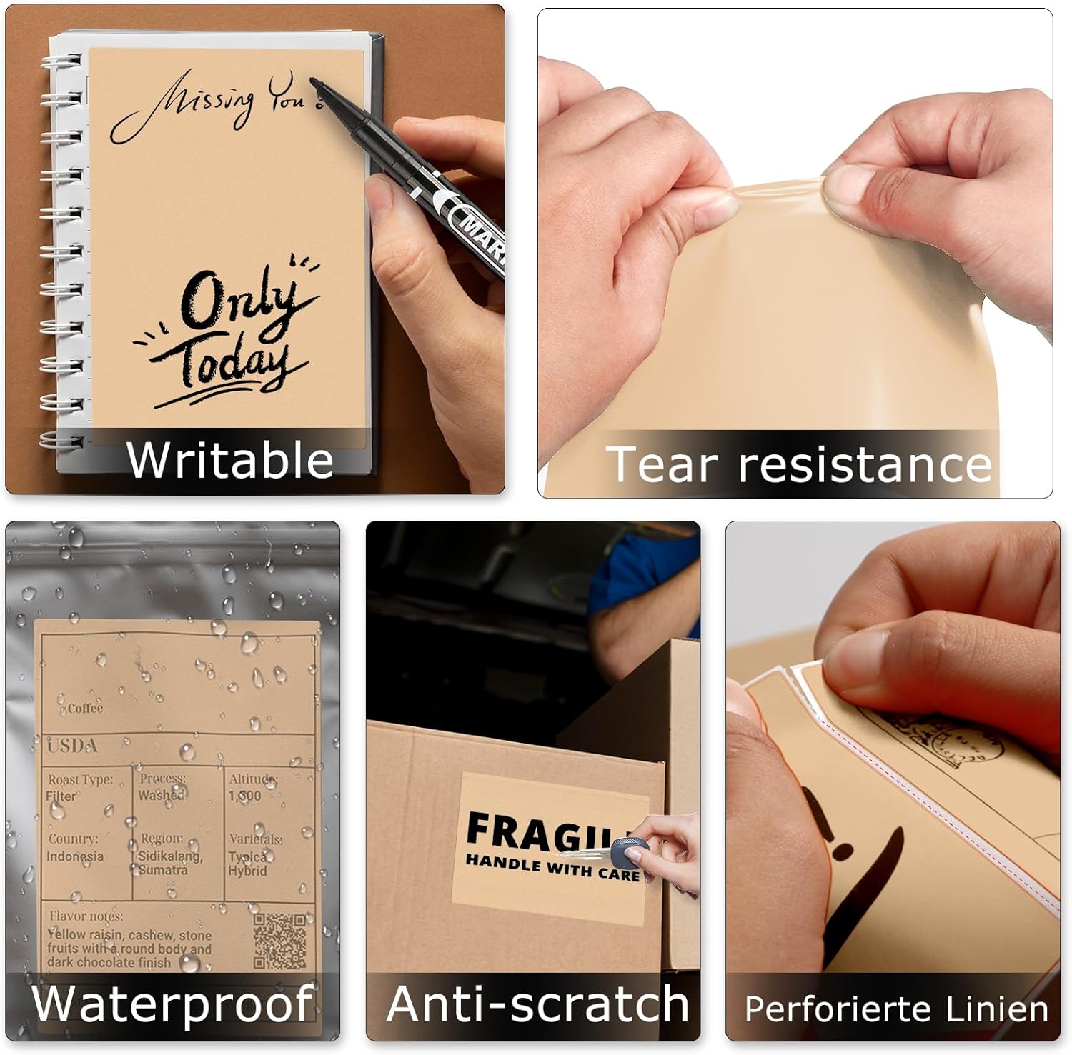 Khaki Direct Thermal Labels Vinyl 6 × 4 Inch Self-Adhesive Rectangle Stickers Roll Waterproof Printer Decals Shipping Tag for QR Code DIY Office Address 250 PCS - Image 3