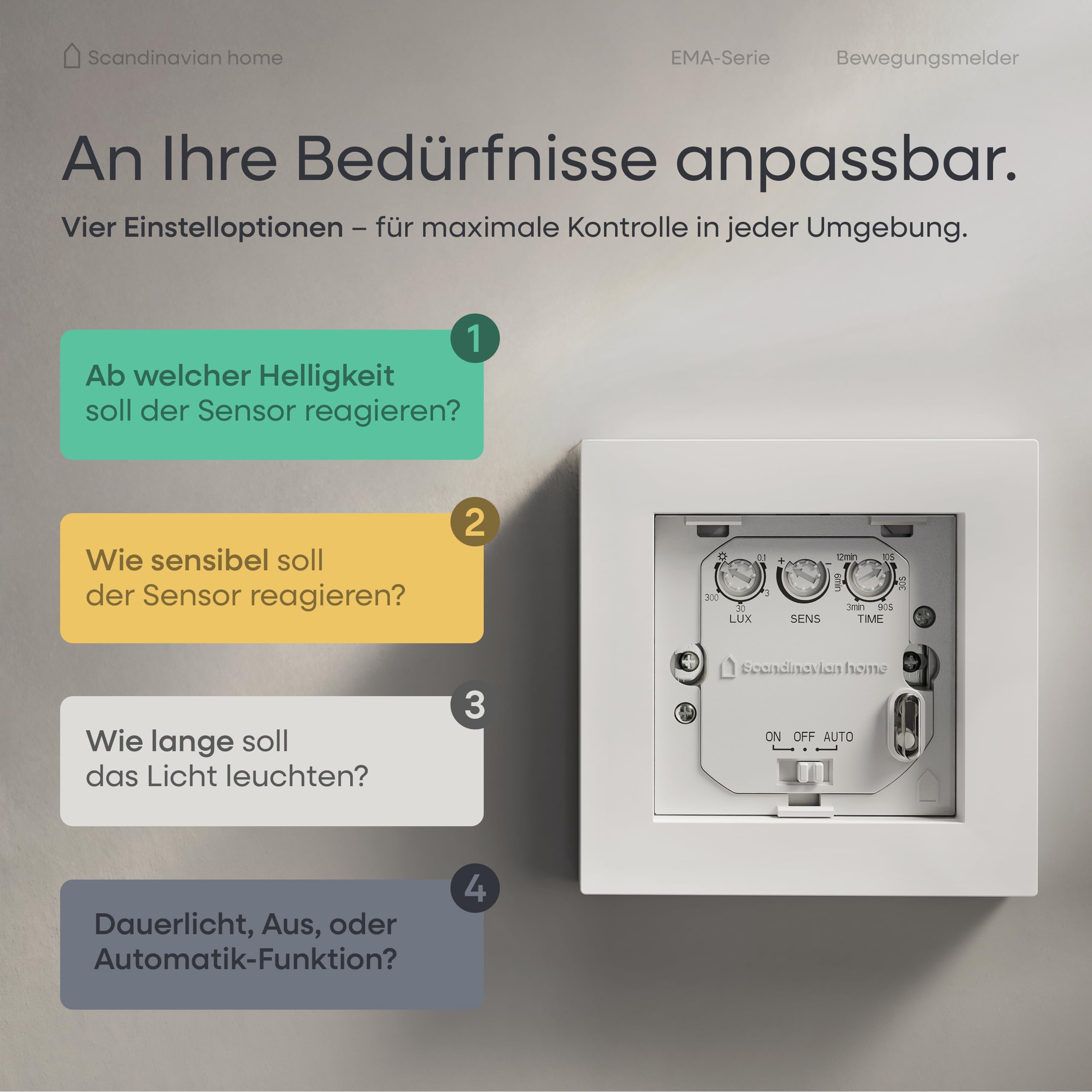 Scandinavian home czujnik ruchu do wnętrz – czujnik ruchu HF włącznik światła standardowy wymiar 55-180°, wykrywanie 15 m, z techniką 3-przewodową / neutralnym przewodem do LED, montaż podtynkowy