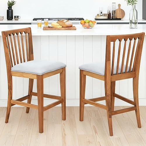 Miniatura 1 de chairus Juego de 2 taburetes de bar de 25 pulgadas de altura de mostrador, taburetes tapizados de felpilla con respaldo de listones de husillo,