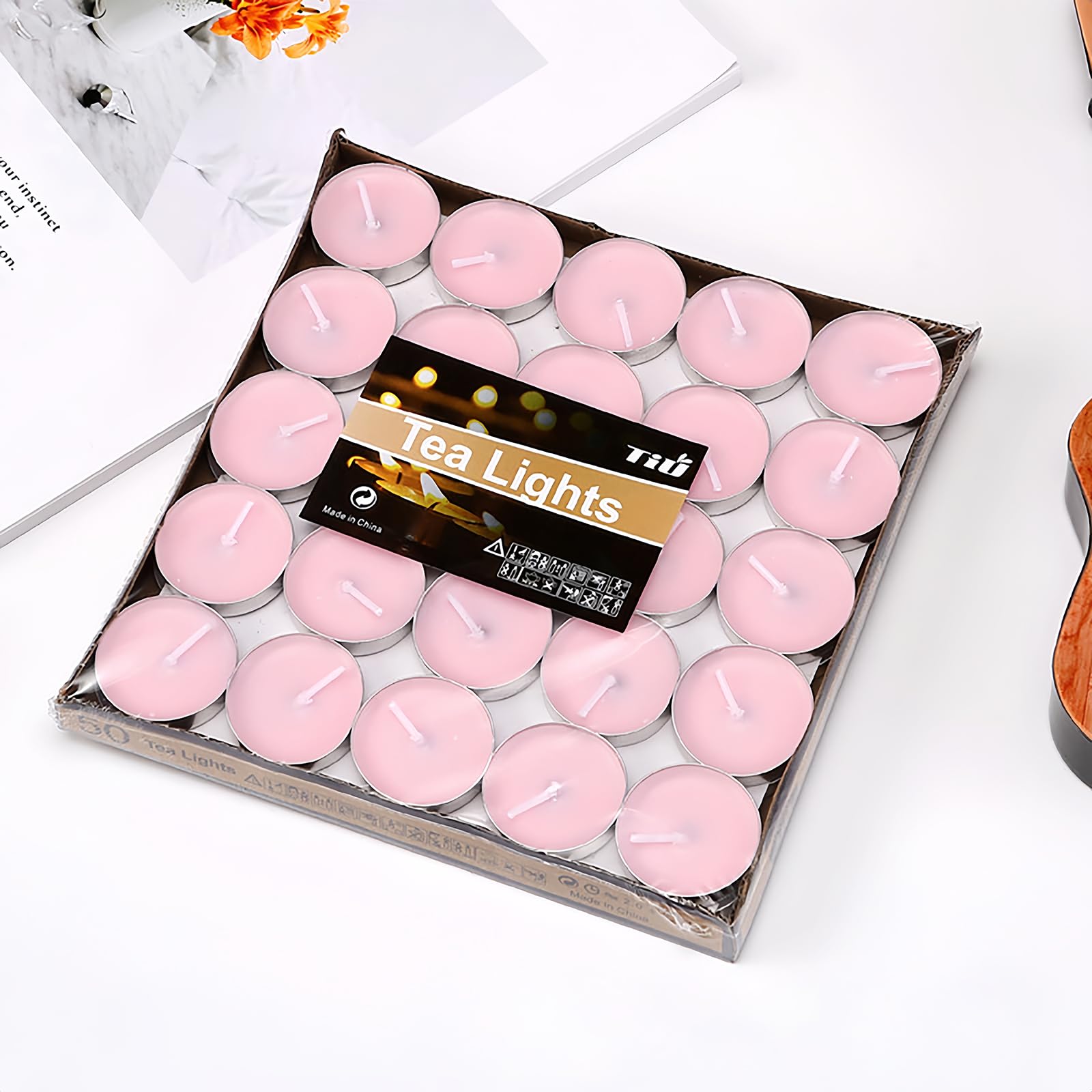 Mainiusi Velas de té de color rosa, 50 unidades, velas pequeñas, color rosa, 1 hora de combustión, velas antitabaco, velas redondas para bodas, fiestas, decoración de mesa (rosa, 50 unidades)