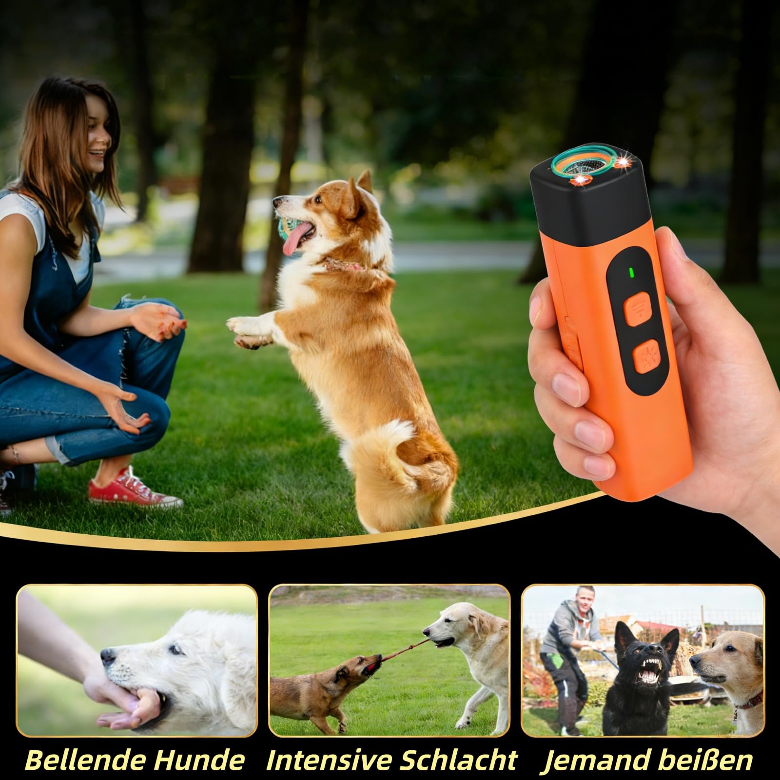 Dr Zampe RuheMeister Pro Antibell dispositivo ultrasonico con 3 livelli di frequenza, ricaricabile e torcia a LED, per cani piccoli e grandi, uso interno ed esterno (arancione)