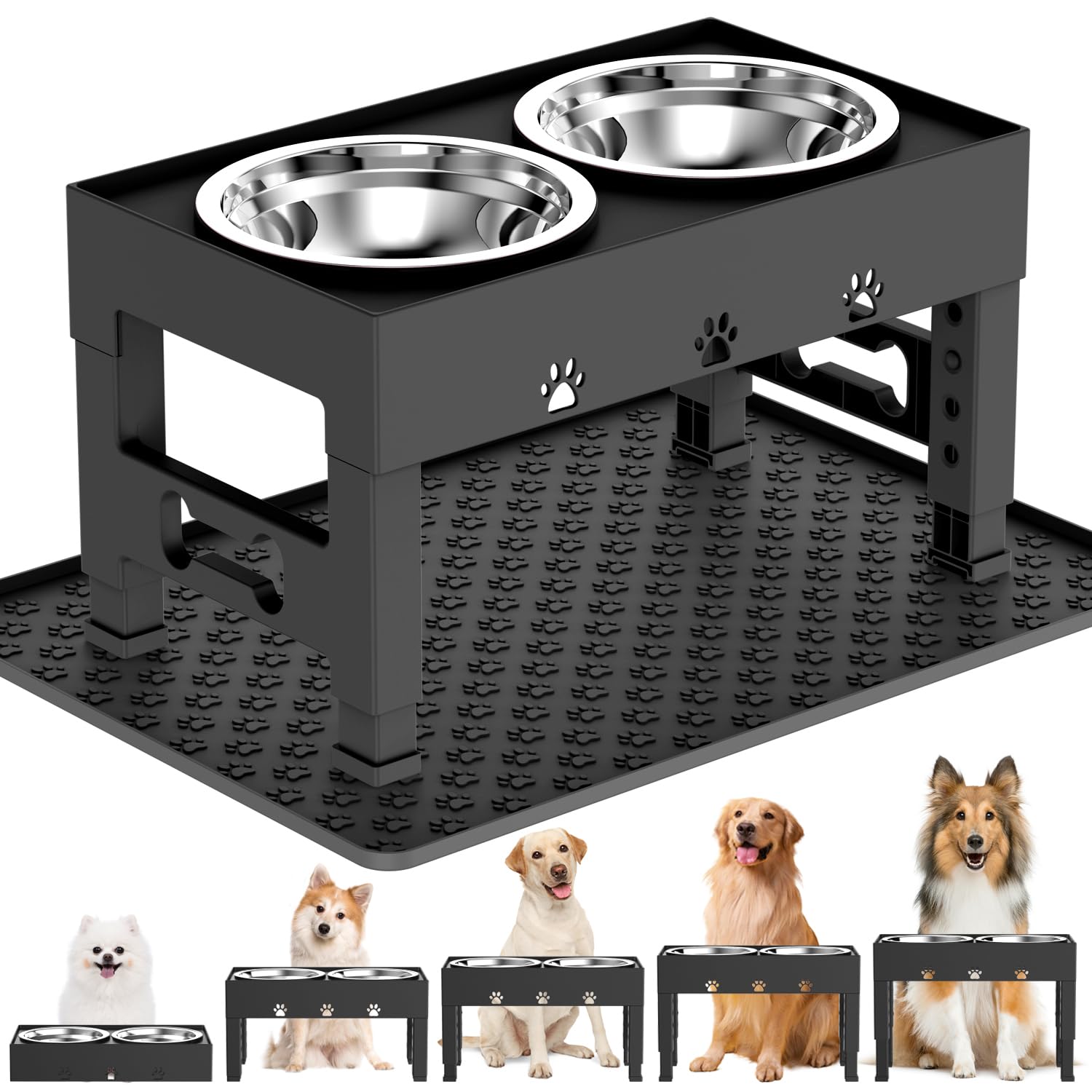 Cuencos elevados para perros con alfombrilla, cuenco elevado de 5 alturas ajustables con 2 cuencos de acero inoxidable para comida para perros, plato antideslizante que se ajusta a 3.1 pulgadas, 9