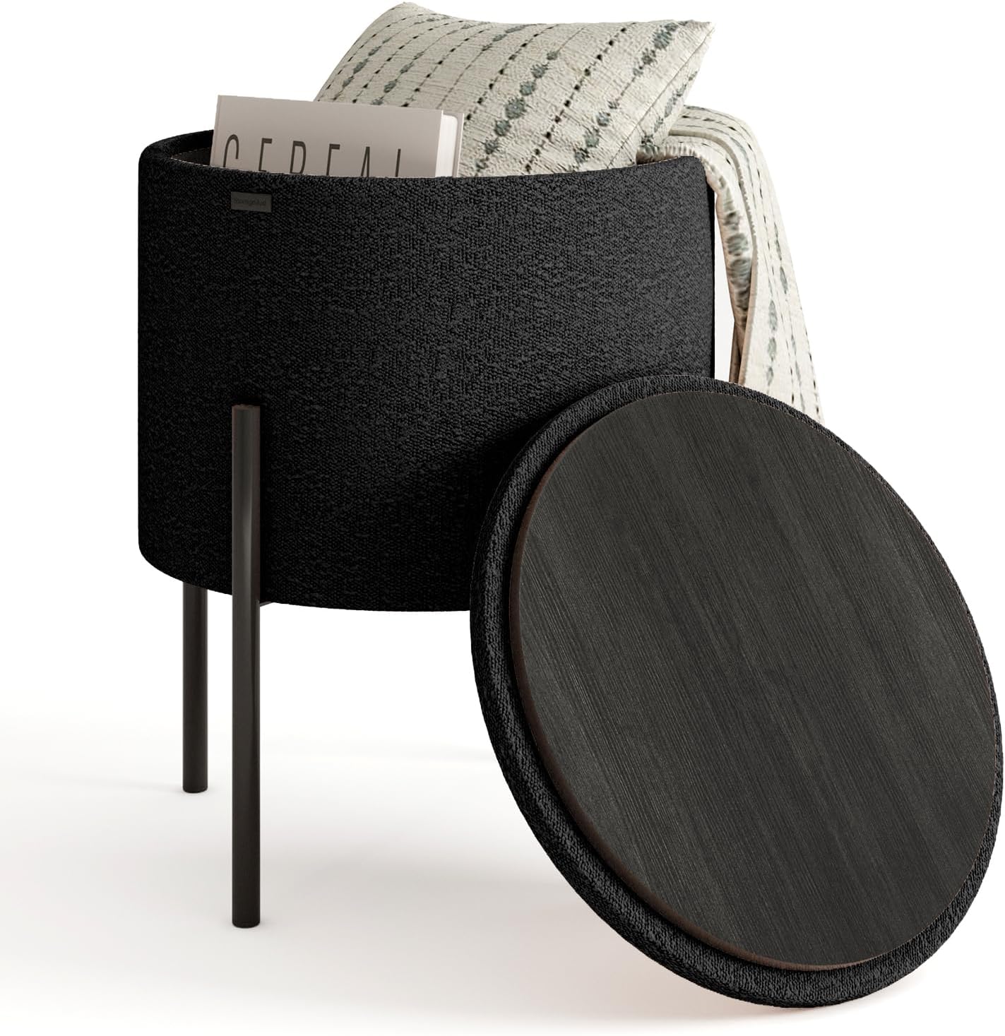 STORAGEBUD Round Ottoman with Storage, Boucle Storage Ottoman, Foot Stool Ottoman, Makeup Vanity Stool, Small Ottoman Foot Rest, Modern Ottomans for Living Room and Bedroom, Black
