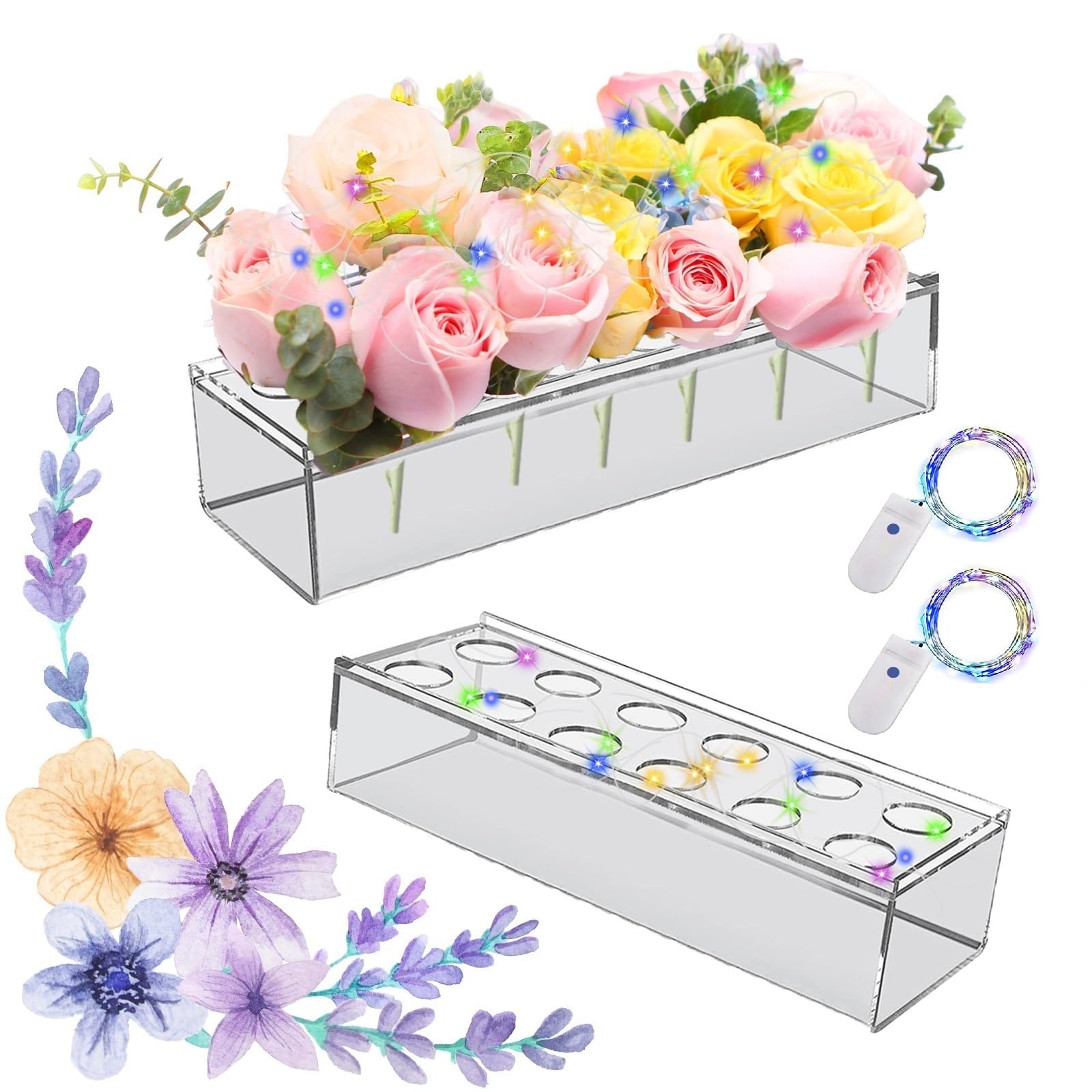 2Pack Acrylic Flower Vase, Clear Acrylic Flower Vase Rectangular Floral Centerpiece, Total 24 Inches Long Rectangle Acrylic Vase with LED Light for Home Decor Wedding