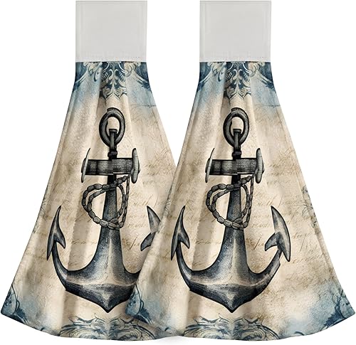 Giwawa Toallas de mano de ancla náutica vintage, toalla de cocina náutica colgante para playa, paños de cocina de anclajes de playa, 2 toallas