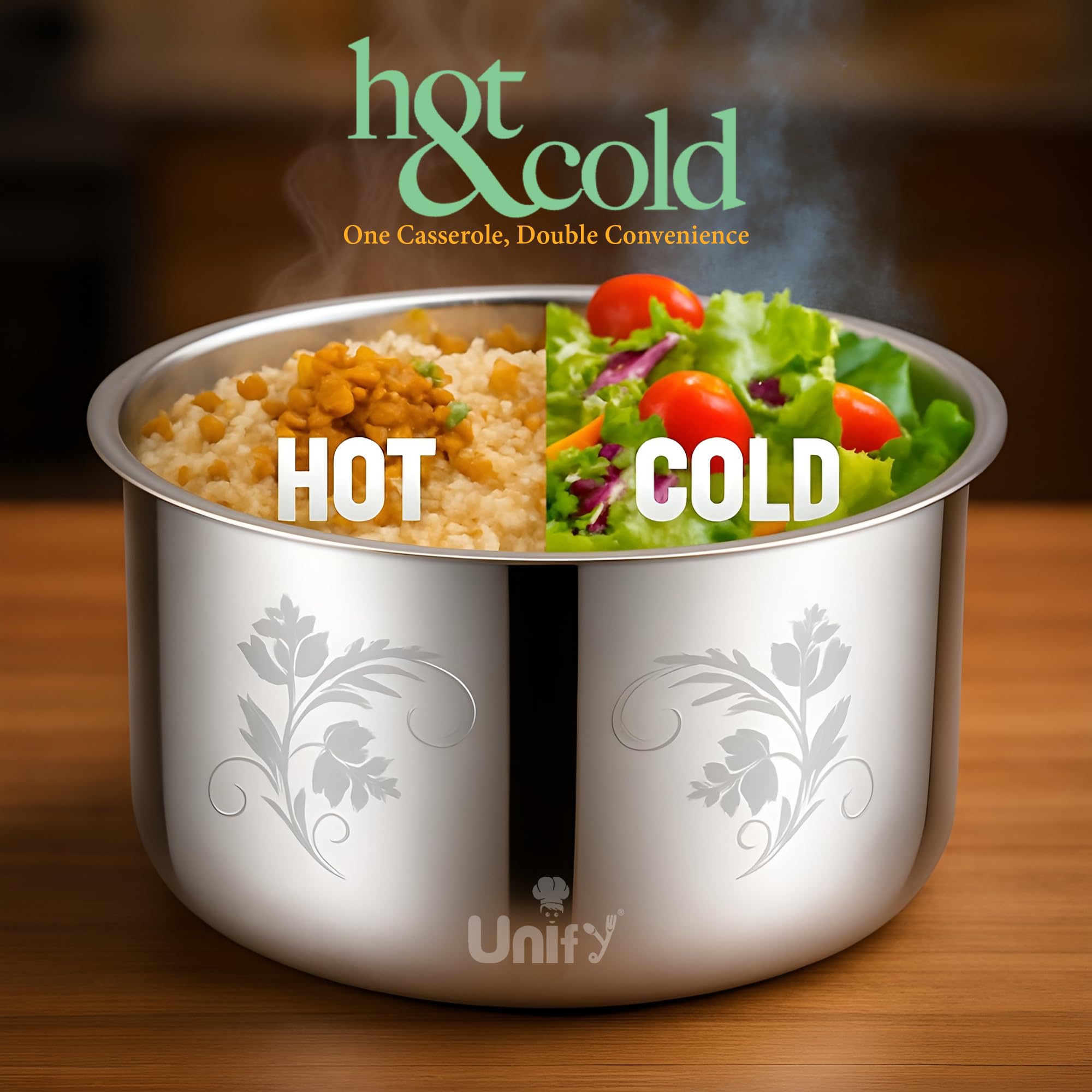 Unify Stelo Stainless Steel Insulated Casserole Hot Pot 1600 ML with Floral Design & PVD Gold Plated Handle | Lasser Finish Roti Server & Chapati Box | Food-Grade BPA Free | Keeps Food Fresh (Silver) 2