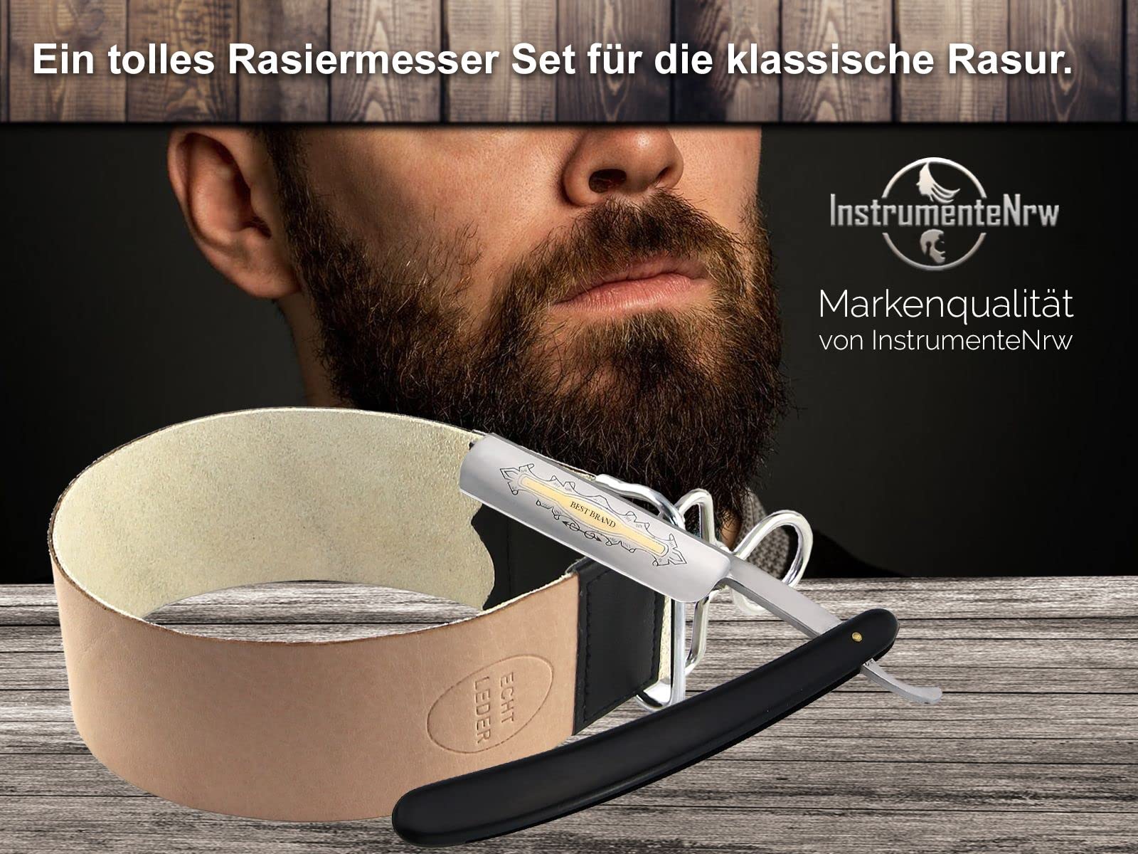 InstrumenteNrw Streichriemen mit Rasiermesser als Bartmesser Set - 2-Teilig - Klinge mit Goldätzung - Hängeriemen aus echtem Rindleder & Wildleder 45 cm