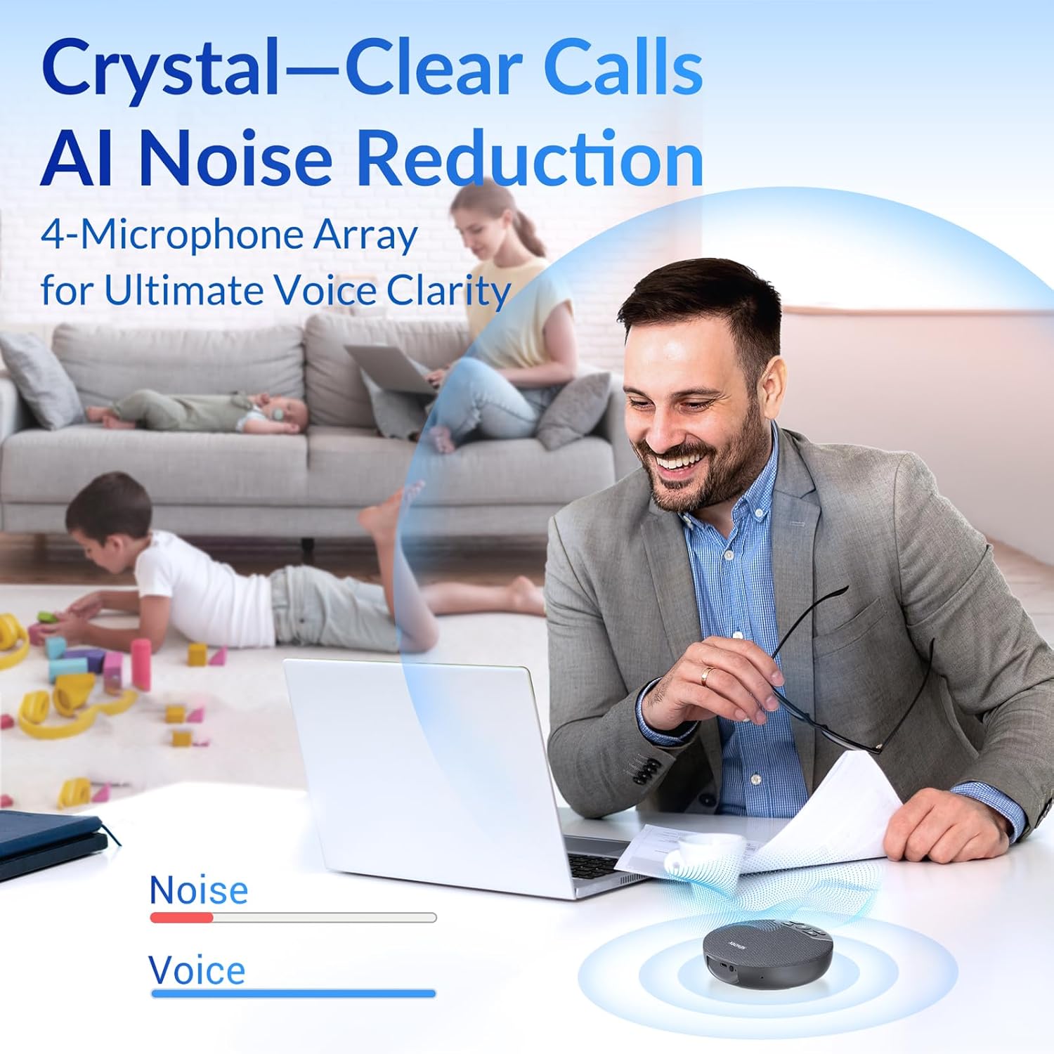 Bluetooth Conference Speakerphone with AI Noise Reduction, 4 Mics, 360° Voice Pickup, 2600mAh Battery, Bluetooth/USB-C/Dongle, Daisy Chain for Large Rooms, Compatible with Zoom/Teams/Skype - Image 3