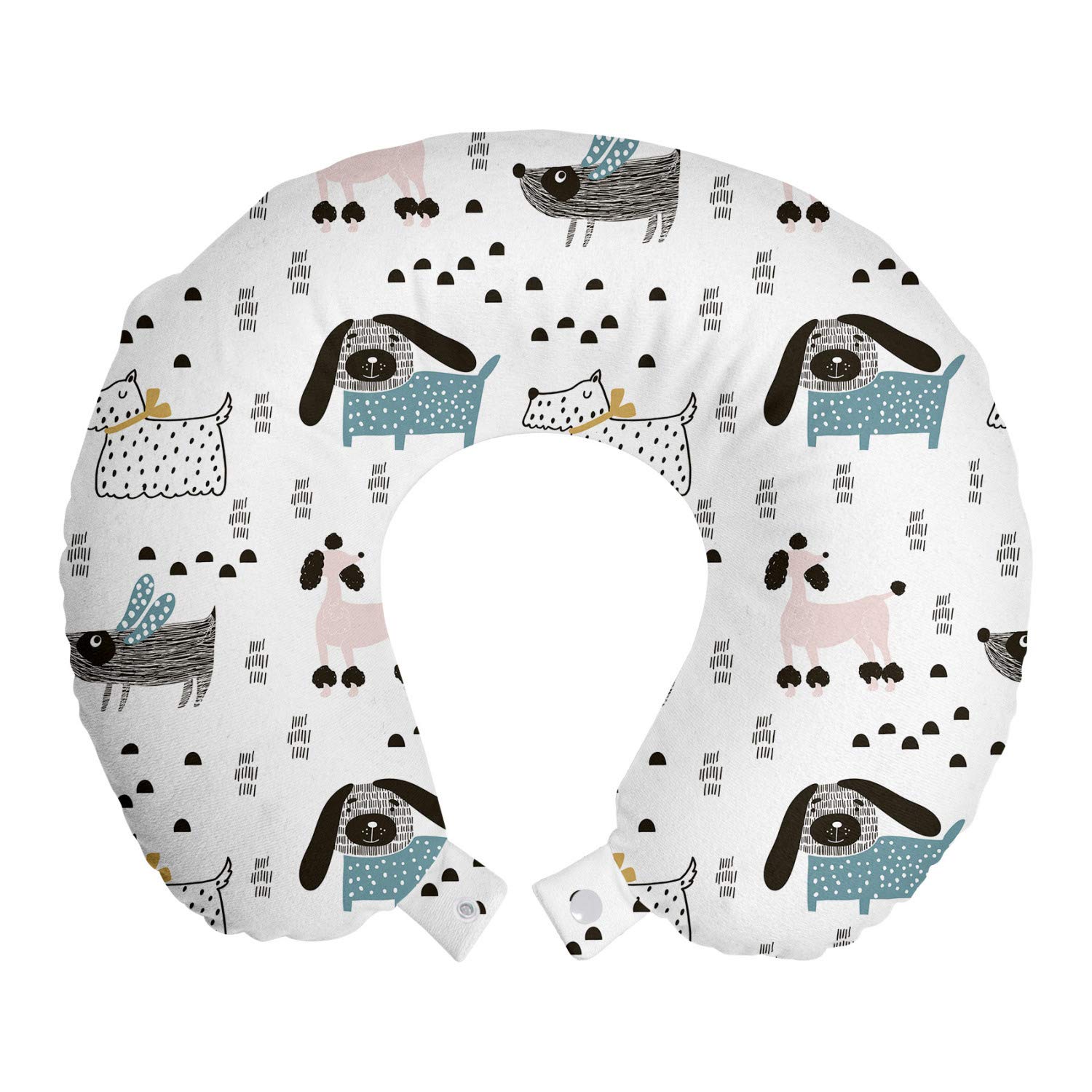 ambesonneScandinavian Travel Pillow Neck Rest, Pure Breed Dogs Pattern Yorkshire Terrier Poodle Monochrome Geometric Shapes, Memory Foam Traveling Accessory for Airplane and Car, 12", Black White