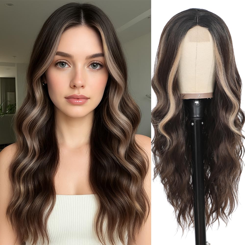 Long Brown Highlights Blonde Wig for Women Natural Looking Wavy Curly Synthetic Hair Wig Tangle Free Heat Resistant Comfortable for Daily Wear