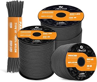 Abma Cord Paracord 550 4mm Cuerda Paracord de Nylon (15m-30m-50m) Tipo III Cuerda de Paracaídas 7 Hebras Cuerda - MAX. 250 kg - Negro, 30m
