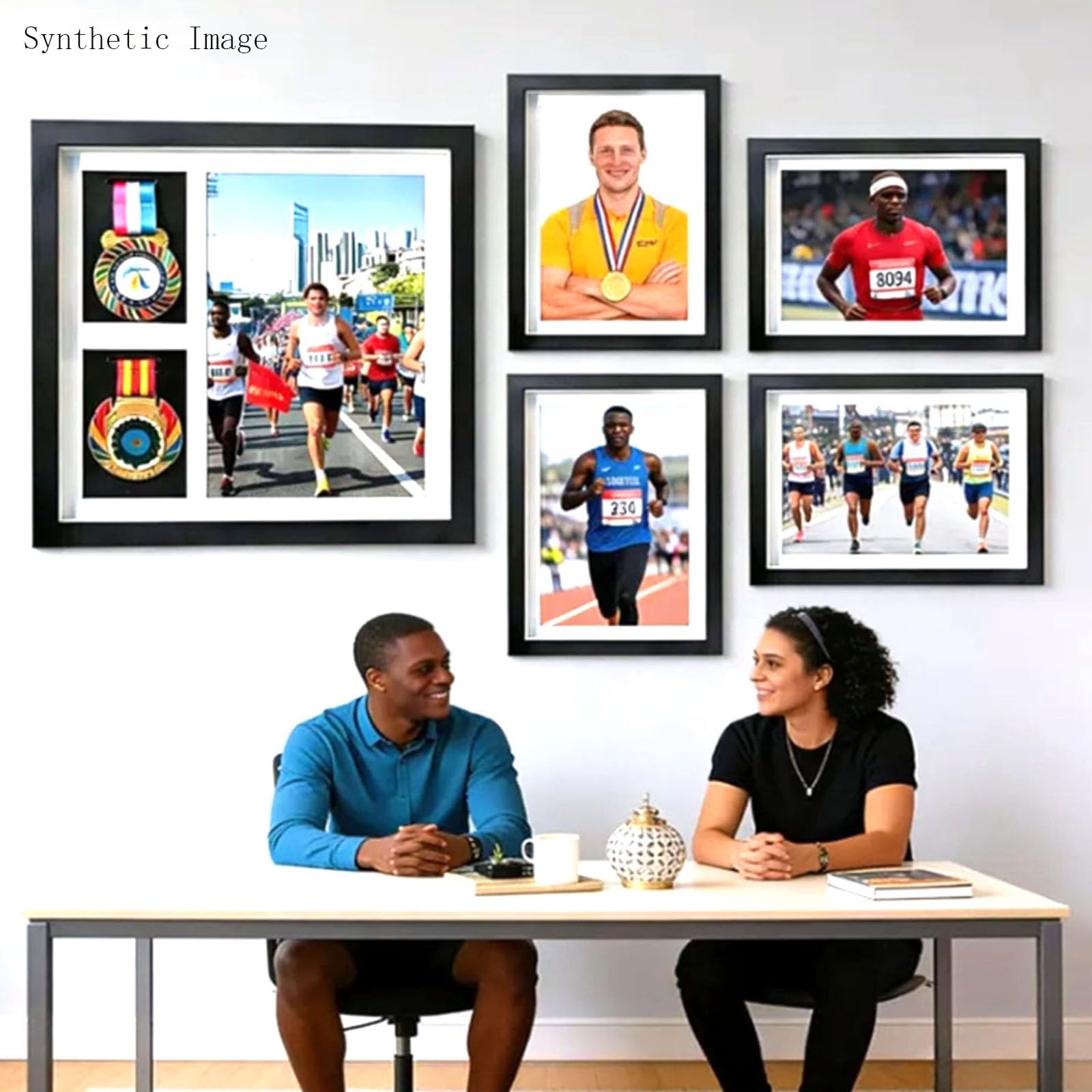 Boîte d'ombre pour médailles - Présentoir de médailles de marathon - 2 médailles et photos - Pour récompenses militaires, triathlon et tous les sports - Noir - A4