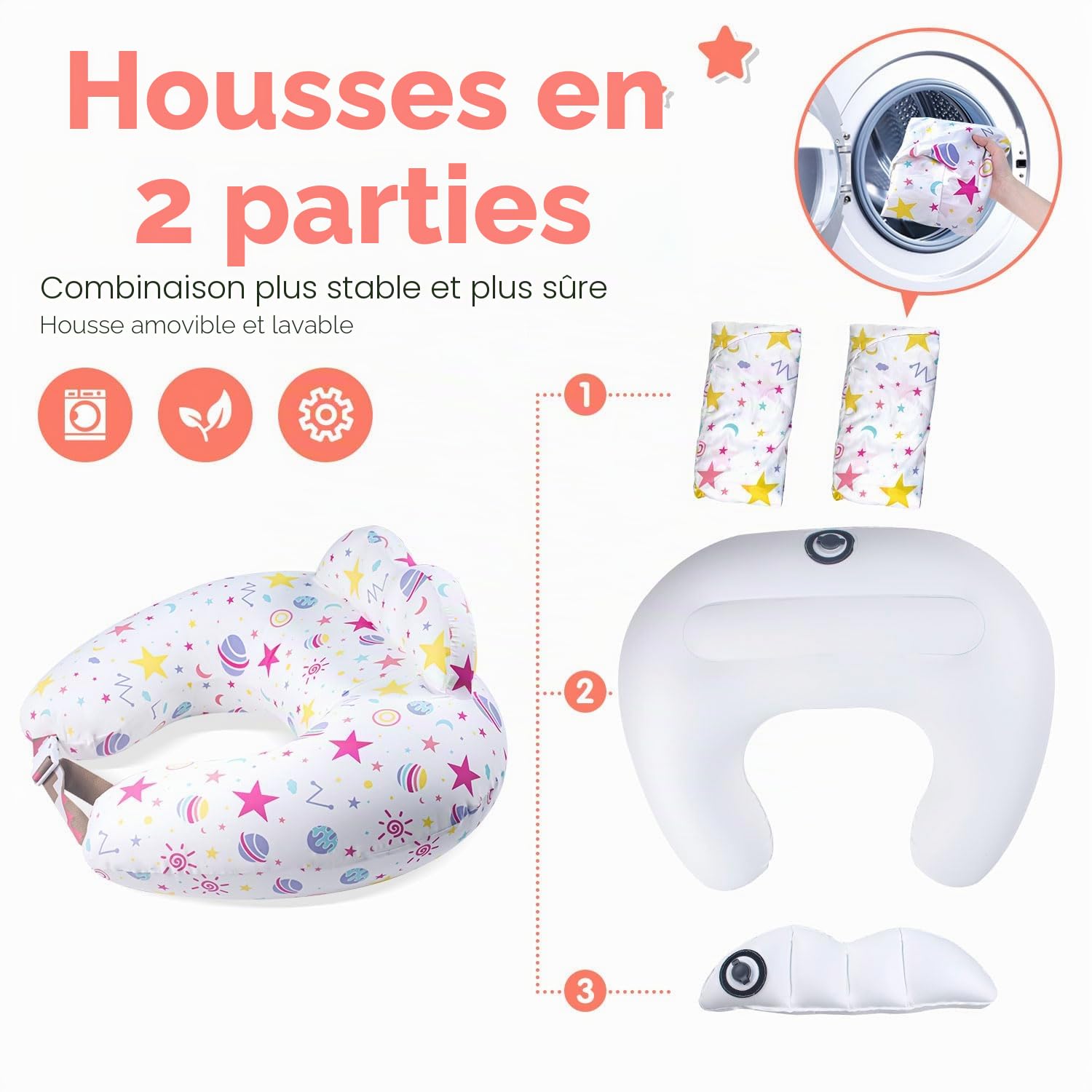 Coussin d'allaitement gonflable pour allaitement - Coussin d'alimentation de voyage pour le soutien maternel, ceinture de taille réglable, housse amovible 100 % coton - Accessoire portable essentiel