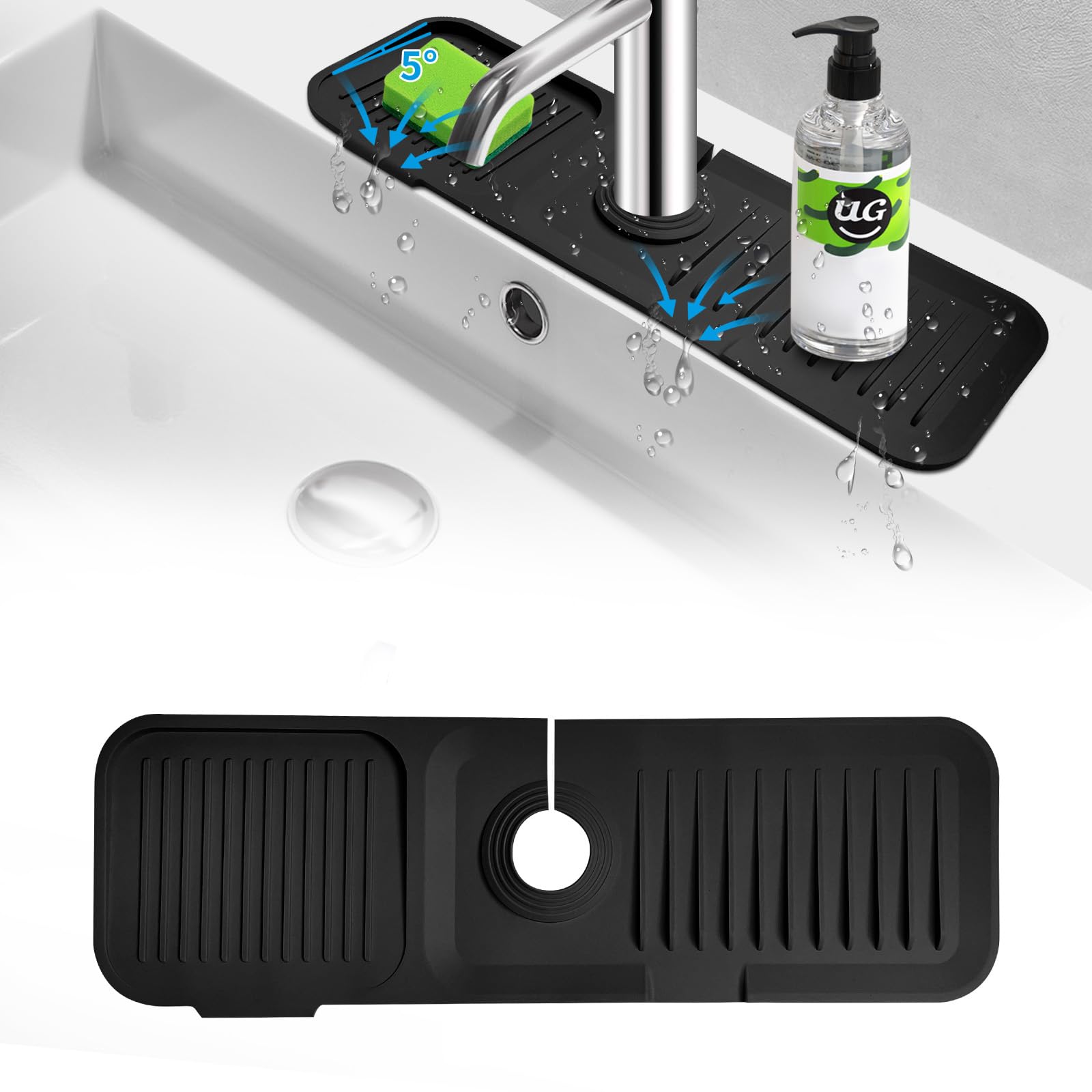Qesulk Black Kitchen Sink Splash Guard, Silicone Faucet Handle Drip Catcher Tray, Dish Soap Sponge Holder Mat For Kitchen Sink Accessories, Drying Mat For Kitchen Counter And Bathroom Protector