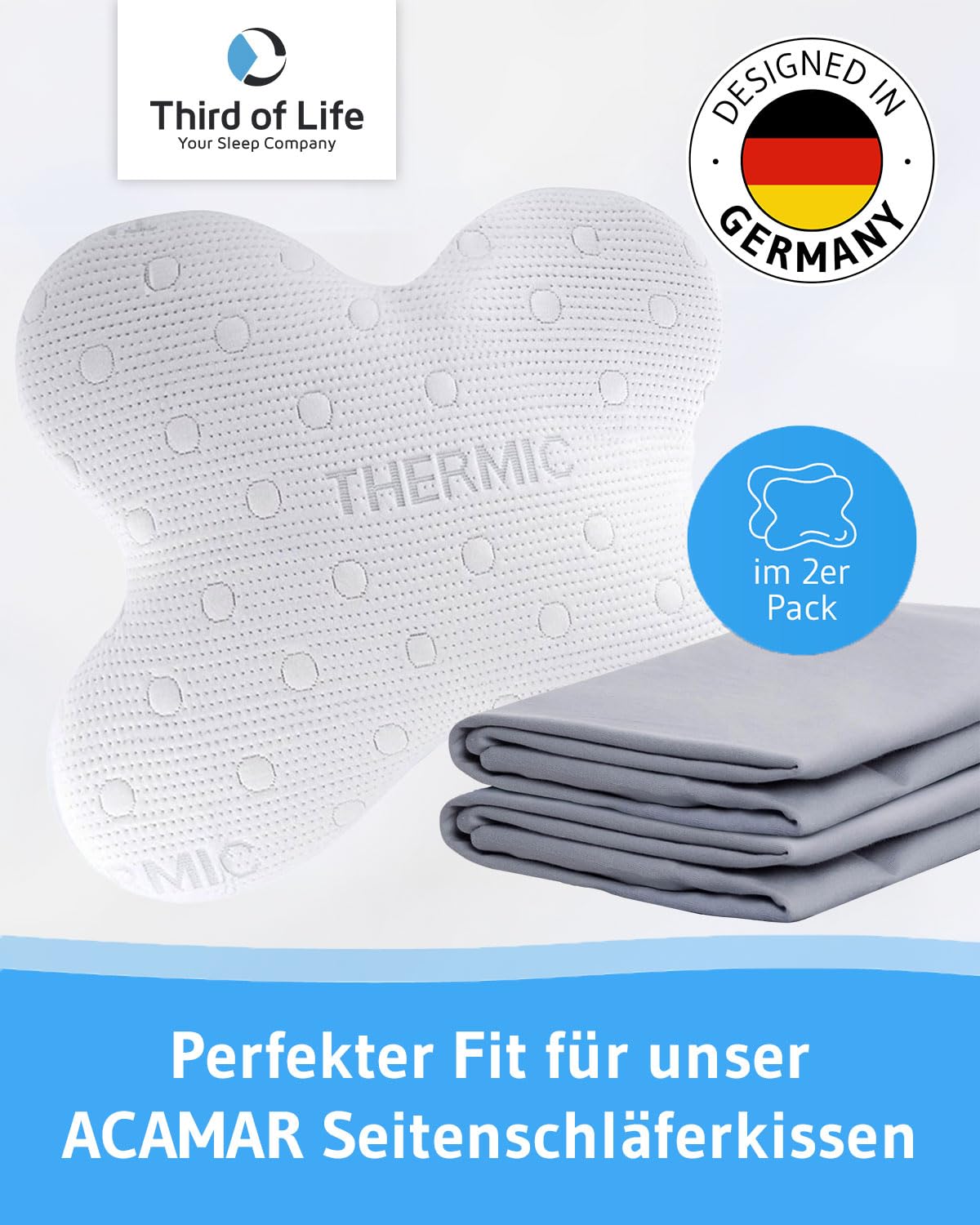 Kissenbezug Hellgrau Doppelpack, Perfekt für ACAMAR Seitenschläfer-Kissen, Mako-Baumwolle (Double Jersey), Bügelfrei & trocknergeeignet, Kissenhüllen 2er Set mit Reißverschluss, Oeko-Tex Zertifiziert