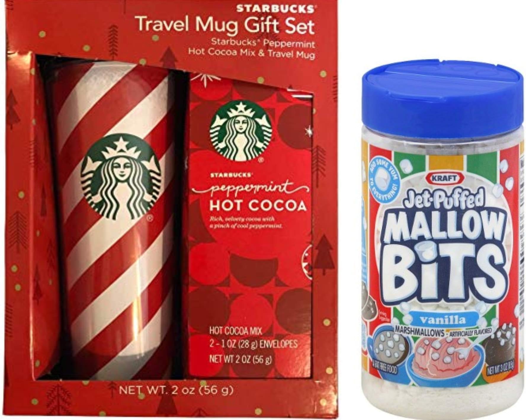 Starbucks Travel Mug | Hot Cocoa 2 Flavors Peppermint and Double Chocolate | Mini Marshmallow Jet-Puffed Mallow Bits Bundle
