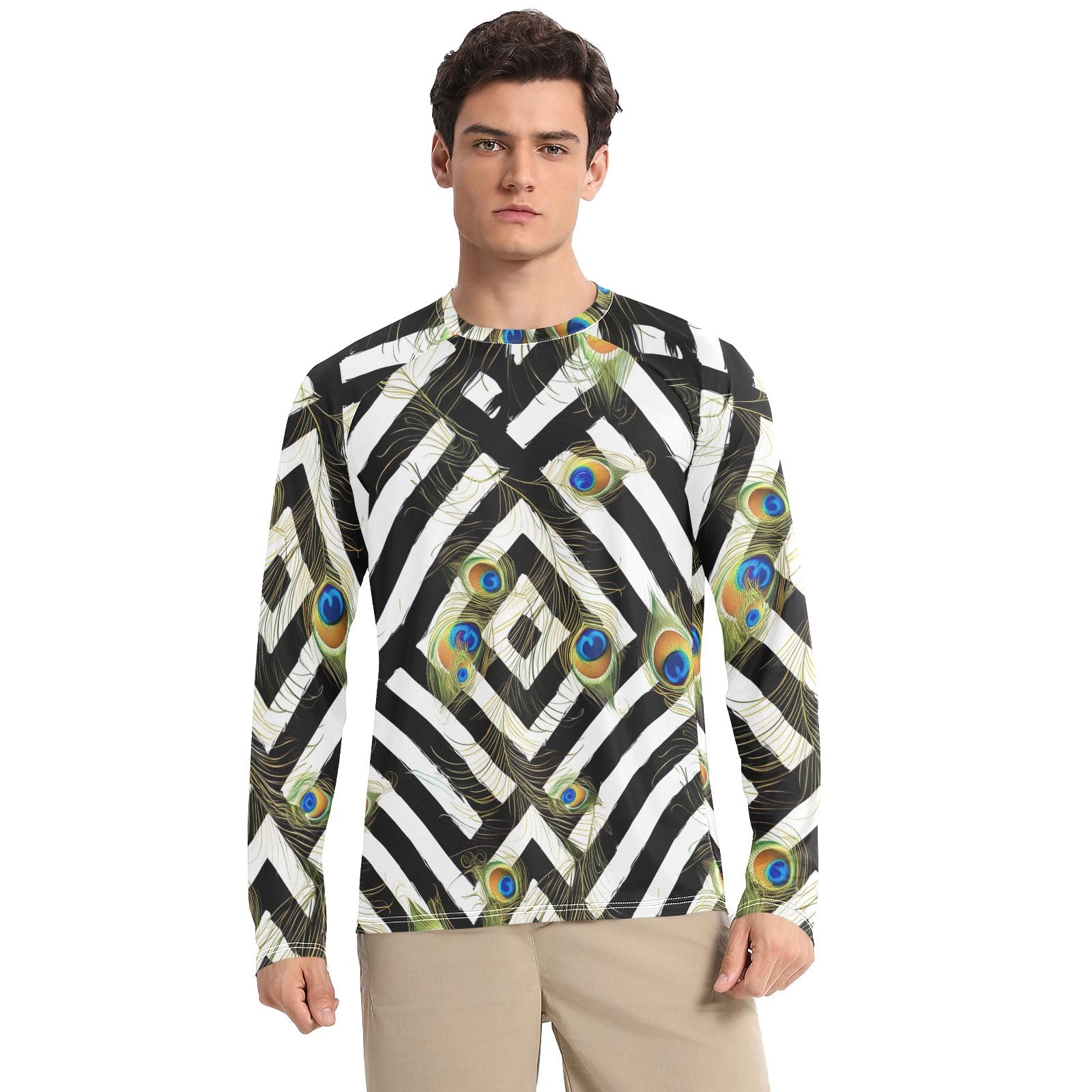 Peacock Feathers Black White Stripes Men's Rash Guard Long Sleeve UPF 50+ Sun Protection Quick Dry Fishing T-Shirts Sun Shirts for Outdoor, Large
