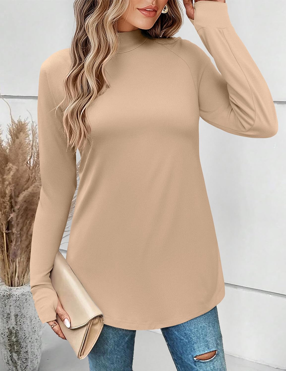 JUSTFASHIONNOW Tunic Tops for Women Casual Long Sleeve Turtle Neck Shirts Thumb Hole Curved Hem Tops Fall Fashion - Image 3