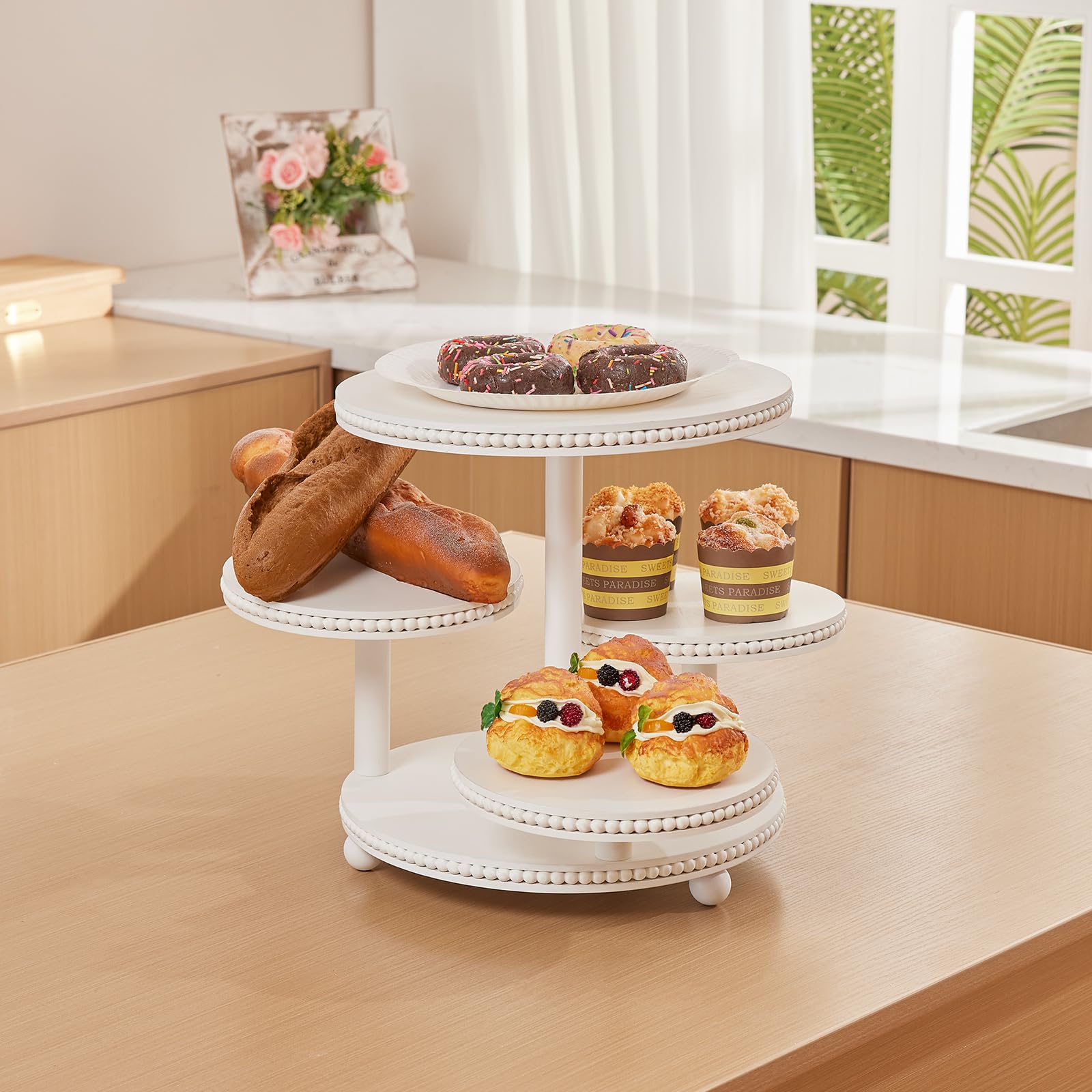 VIVIRBIEN Soporte redondo de 4 niveles para cupcakes con cuentas, soporte de madera para tartas con bandeja escalonada, decoración para 50 cupcakes, baby shower, cumpleaños, boda, graduación