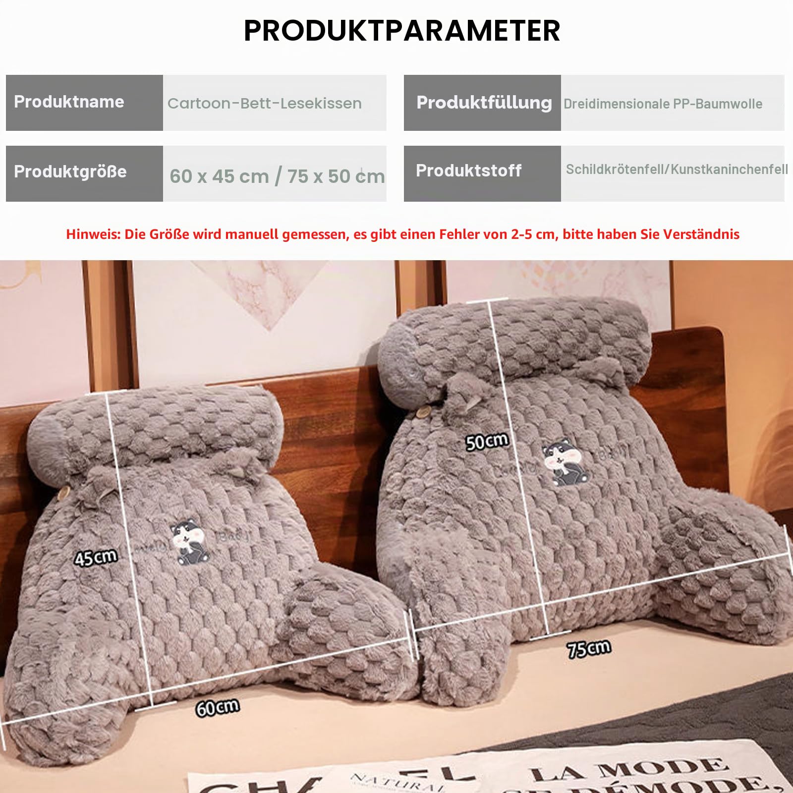 Lesekissen, großes Rückenkissen zum Aufsitzen im Bett, große Keilrückenlehne für Erwachsene und Kinder mit Armlehnen, Rückenstütze für Couch und Bettruhe, Rückenstützkissen(Size:75×50CM,Color:Blue)