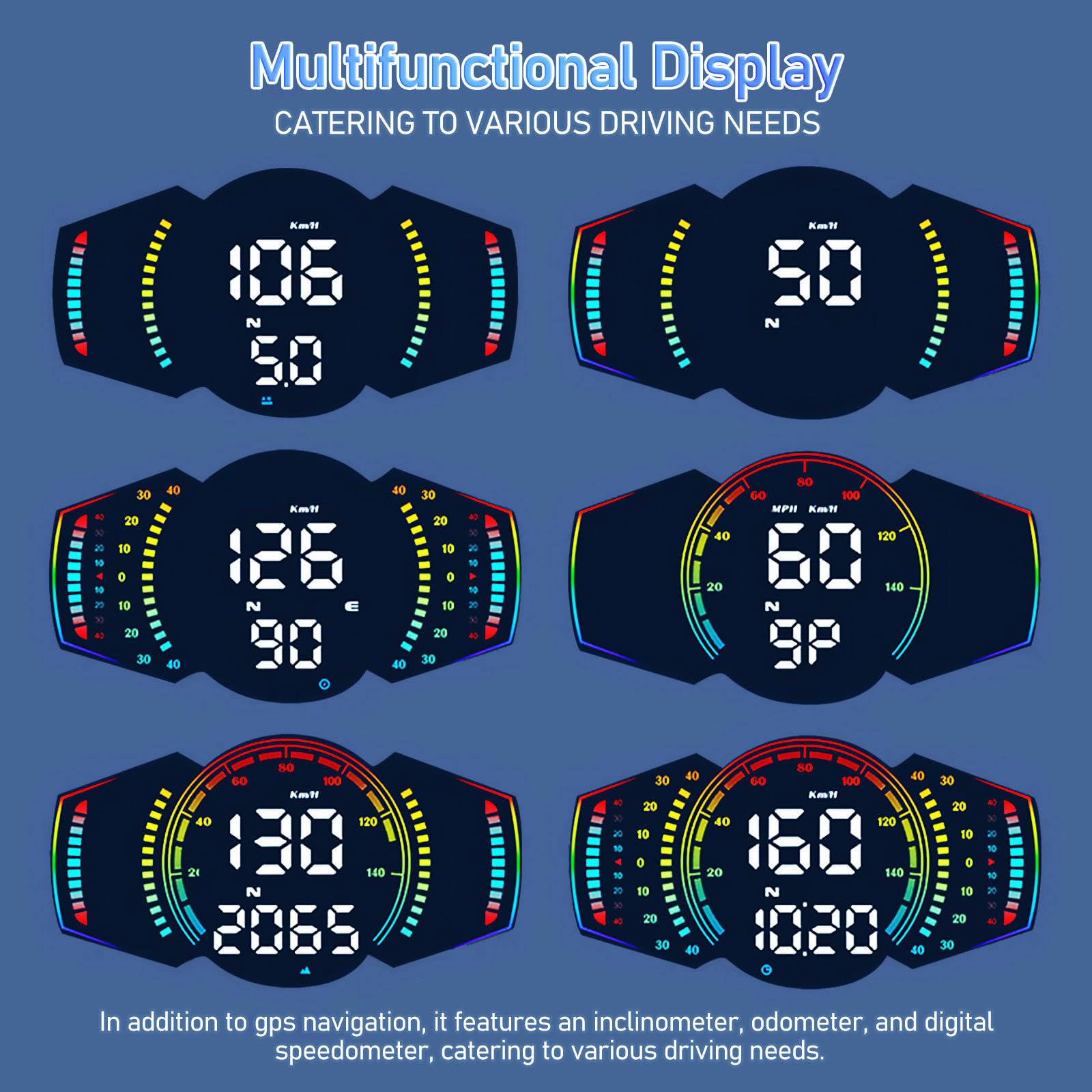 Display Head-up Gps per Auto con Tachimetro Digitale, Inclinometro Integrato, Materiale Abs Pc, per Guida Notturna e Viaggi Lunghi