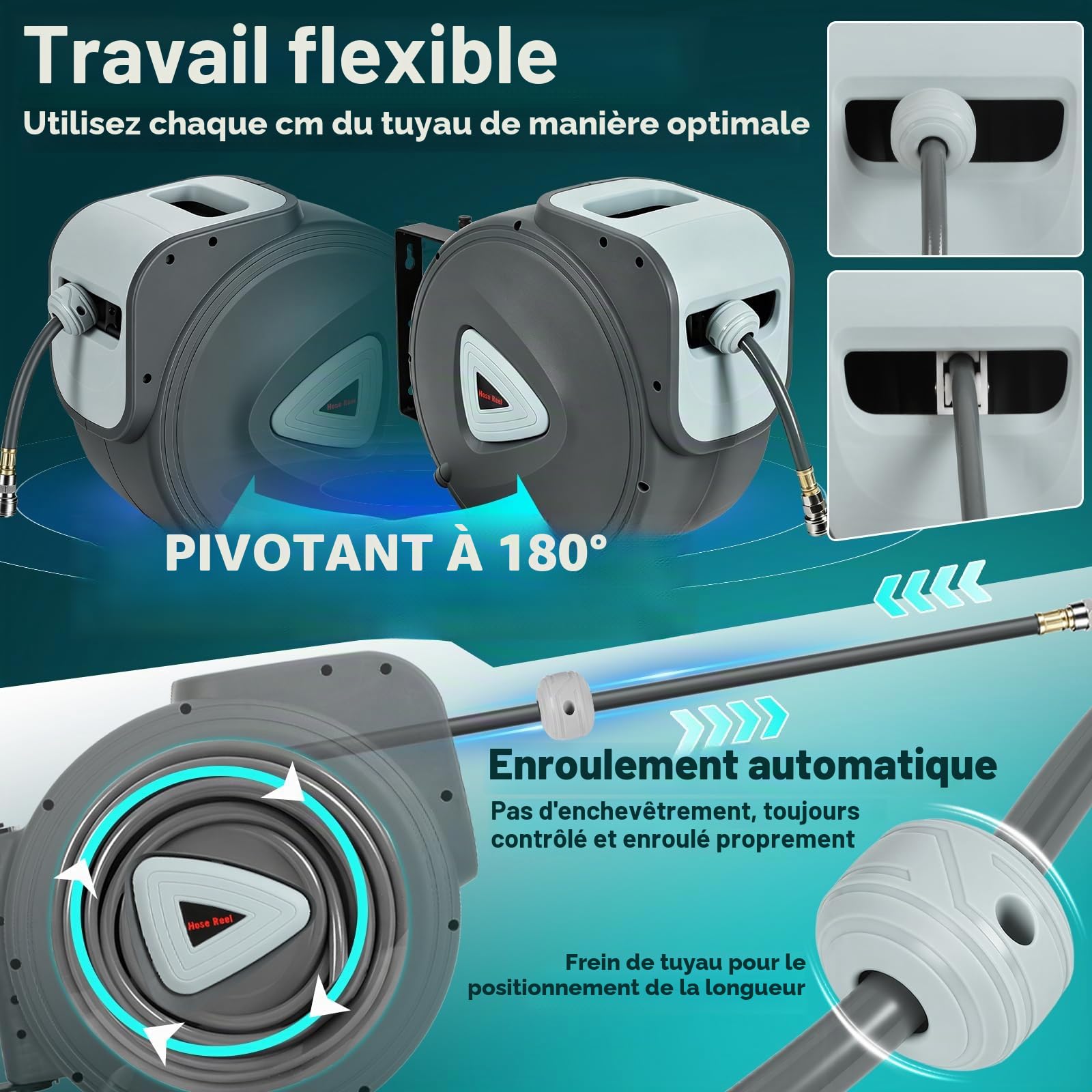 Tuyau à air comprimé, 30 m, enrouleur automatique de tuyau à air comprimé, raccord rapide 1/4”, support mural pour compresseur, atelier Gris