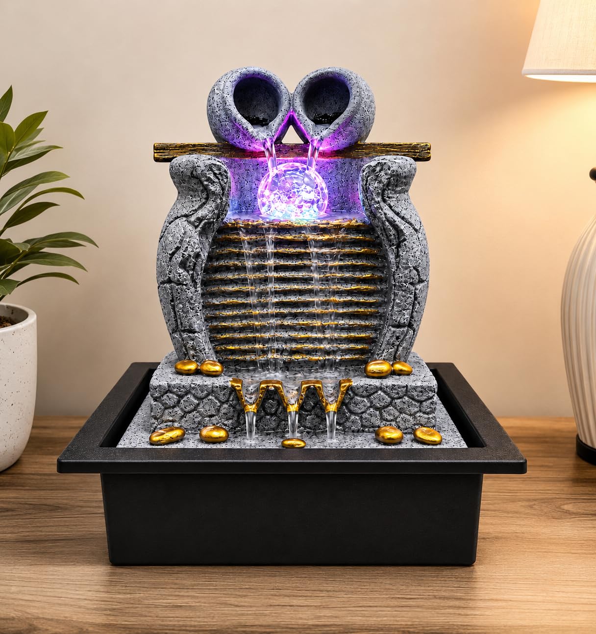 Designer Polyresin Tabletop Water Fountain for Home Dcor with Dual Handi Pots, Crystal Ball, LED Lights, Waterfall Cascade & Water Tub | Grey Finish | 11.5 x 9 Inch-image-3