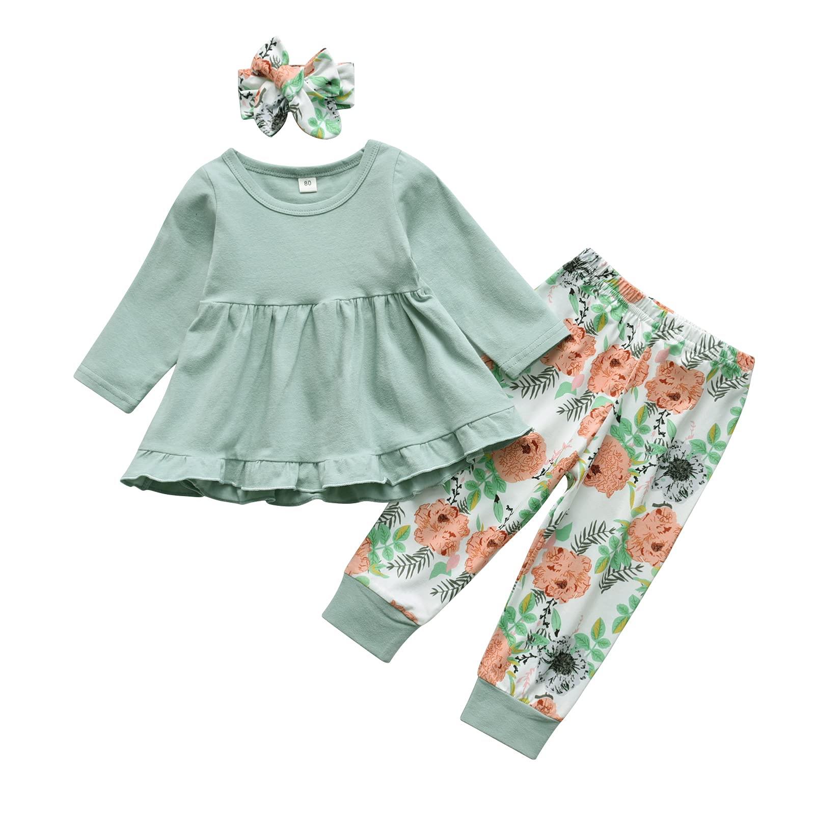 Kulcerry Toddler Baby Girl Clothes Solid Color Long Sleeve Ruffle Tops Floral Pants Headband Outfits Set (3-4T, Green