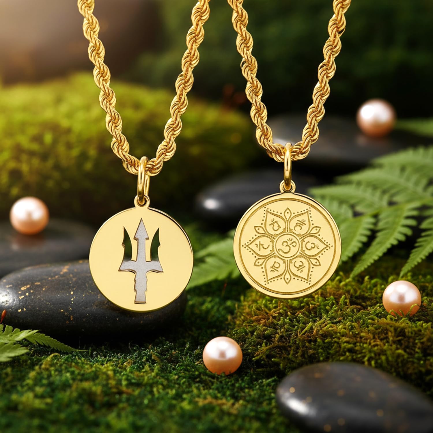 Trident Om-Lotus-Anhänger-Halsketten-Set, 2 Stück, vergoldet, 925er Sterlingsilber, Münzmedaillon, spirituelles Yoga, Hindu-Symbol, Schmuck, Damen und Herren
