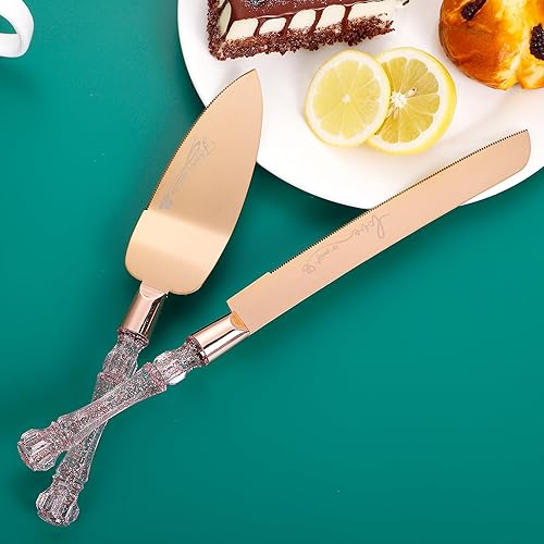 Miniatura 4 de Juego de cuchillos y servidores para tartas de boda, juego de corte de pastel para boda, juego de cortador de pastel de oro rosa para pasteles de